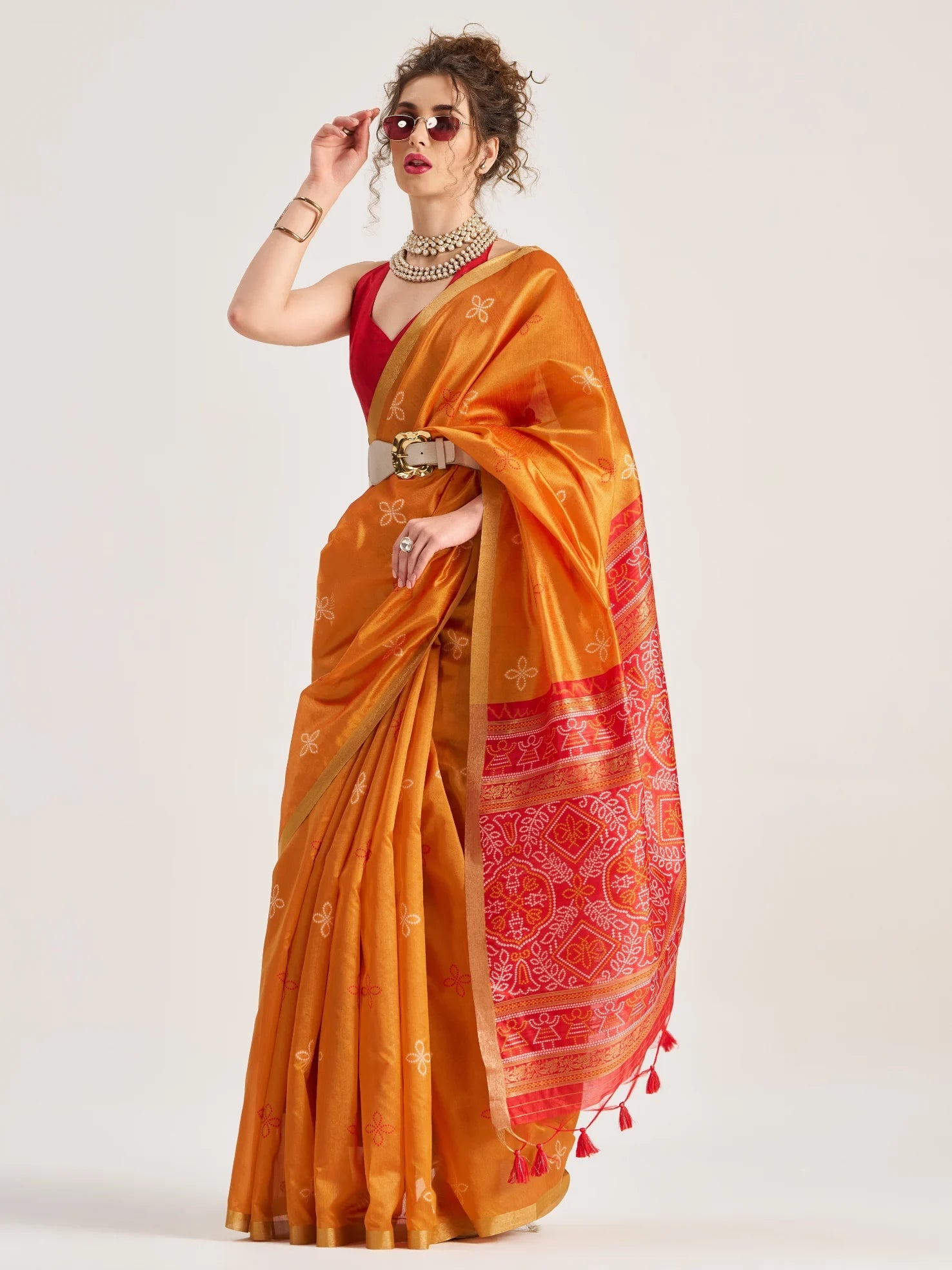 DEEP ORANGE HANDWOVEN BANDHEJ ART SILK SAREE