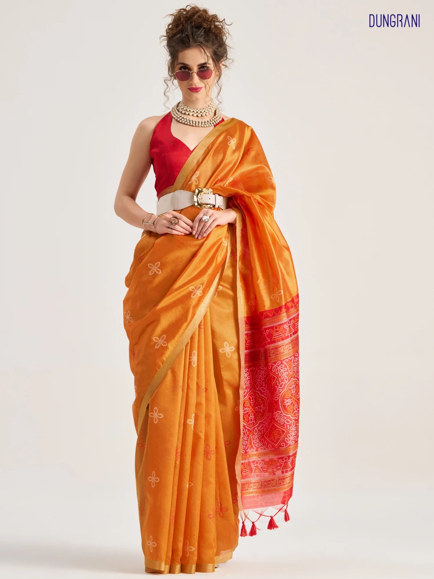 DEEP ORANGE HANDWOVEN BANDHEJ ART SILK SAREE