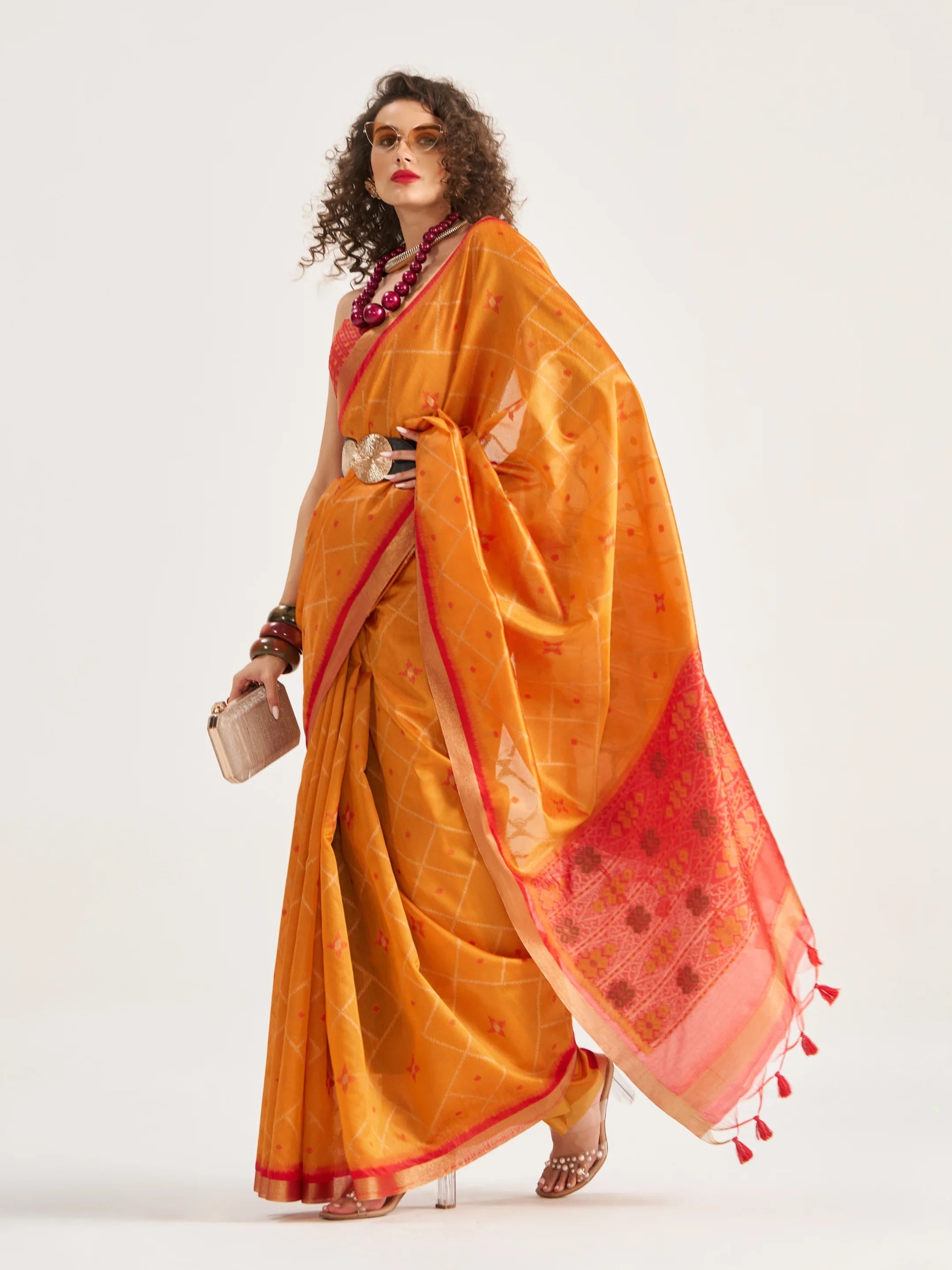 DEEP ORANGE HANDWOVEN BUTTERFLY ART SILK SAREE