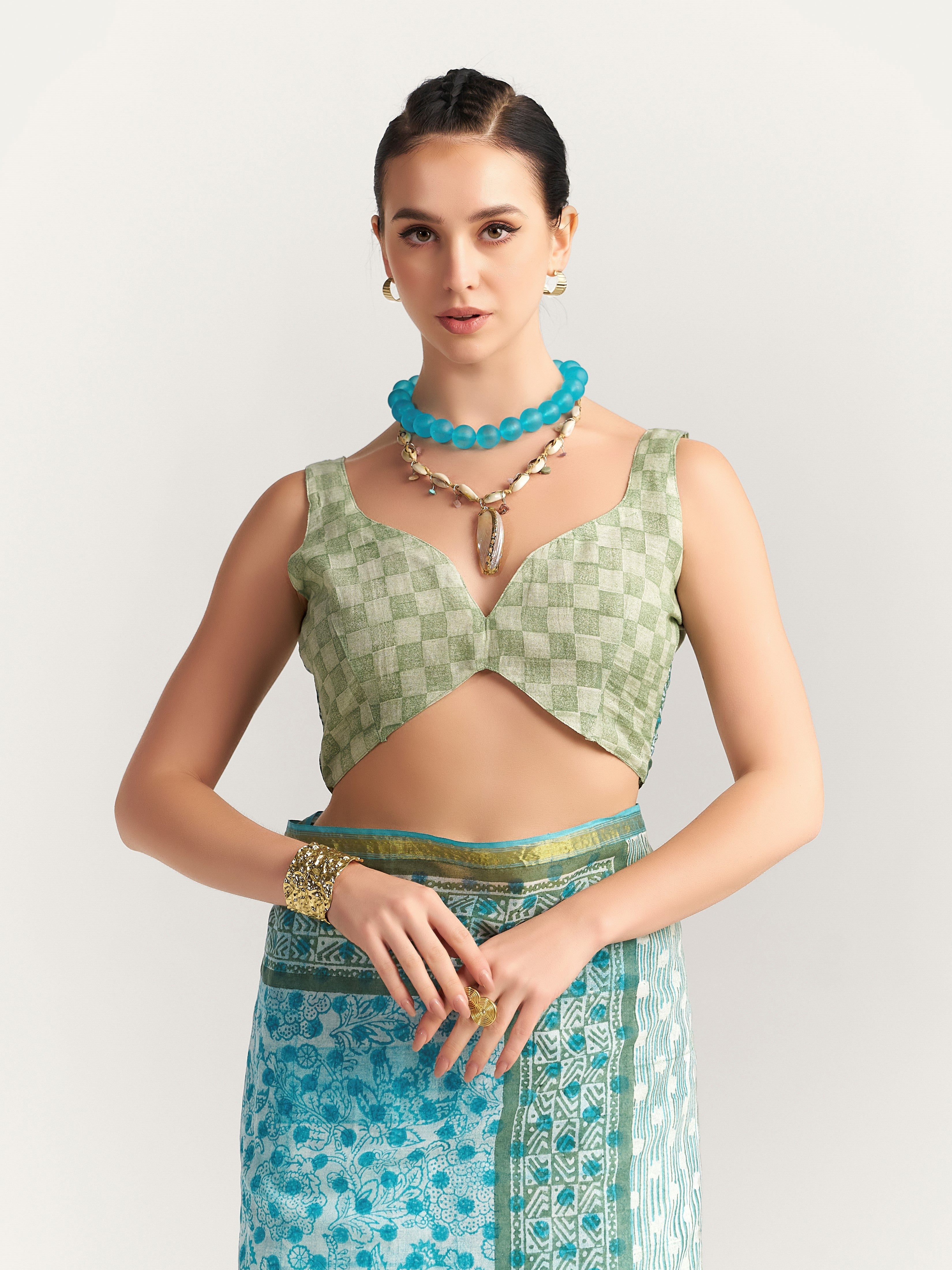 DEEP SKY BLUE MULMUL COTTON BLOCK PRINTED SAREE