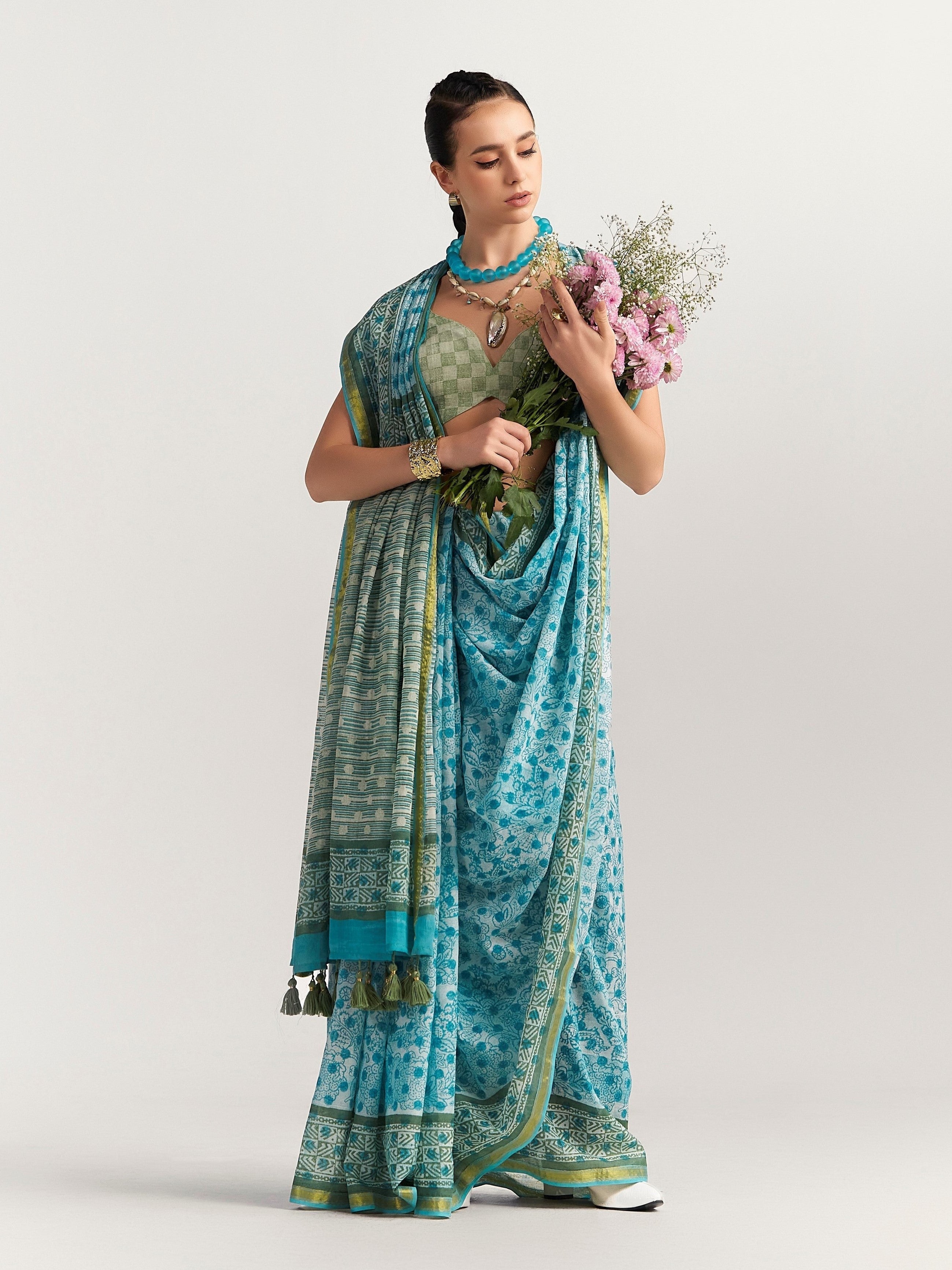 DEEP SKY BLUE MULMUL COTTON BLOCK PRINTED SAREE