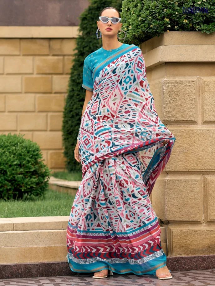 DEEP SKY BLUE VISCOSE MUL LIVA DIGITAL PRINTED SAREE