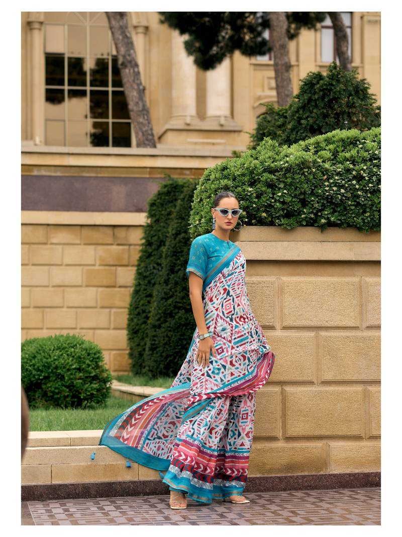 DEEP SKY BLUE MULMUL COTTON LIVA DIGITAL PRINTED SAREE