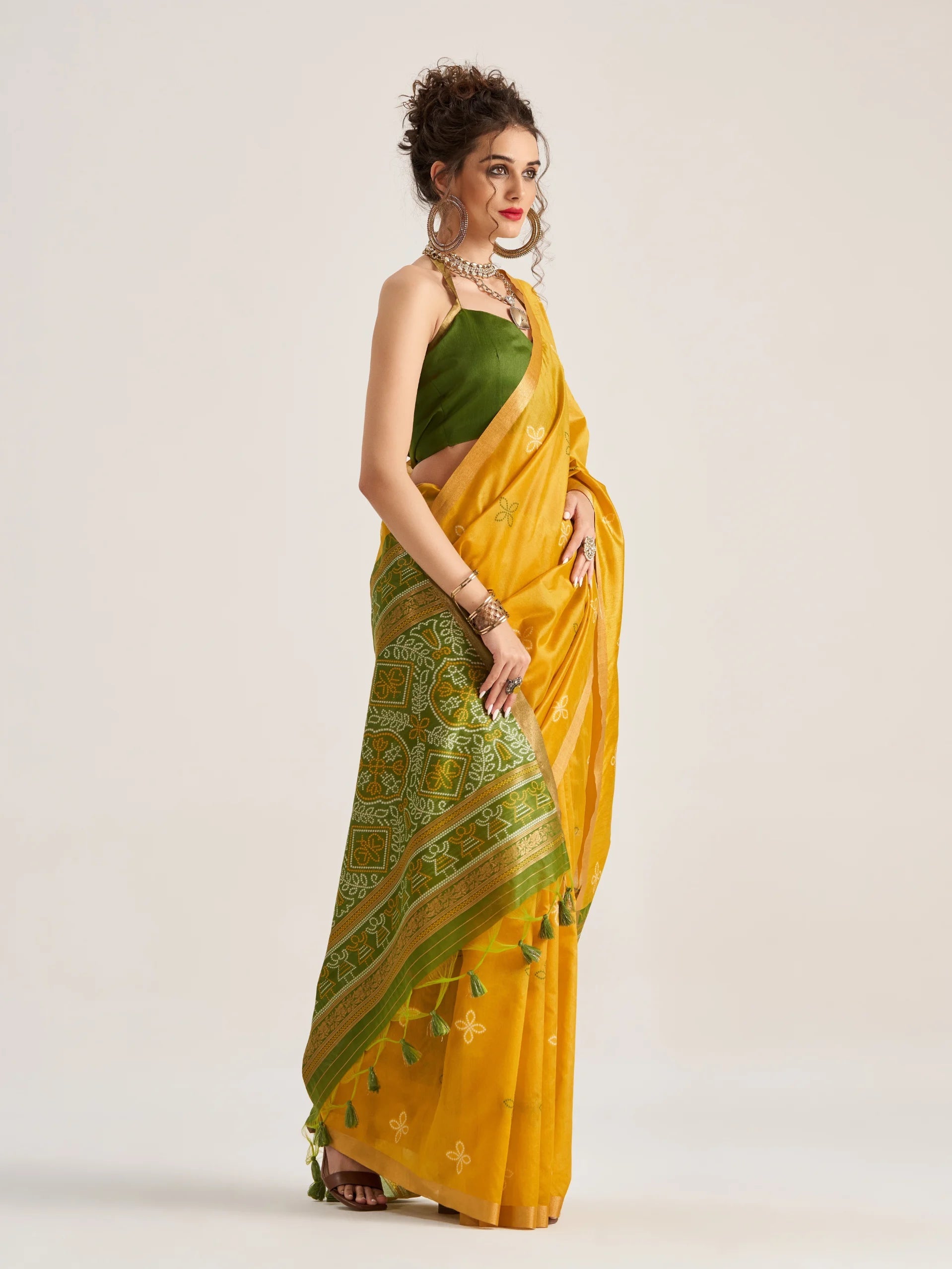 DEEP YELLOW HANDWOVEN BANDHEJ ART SILK SAREE