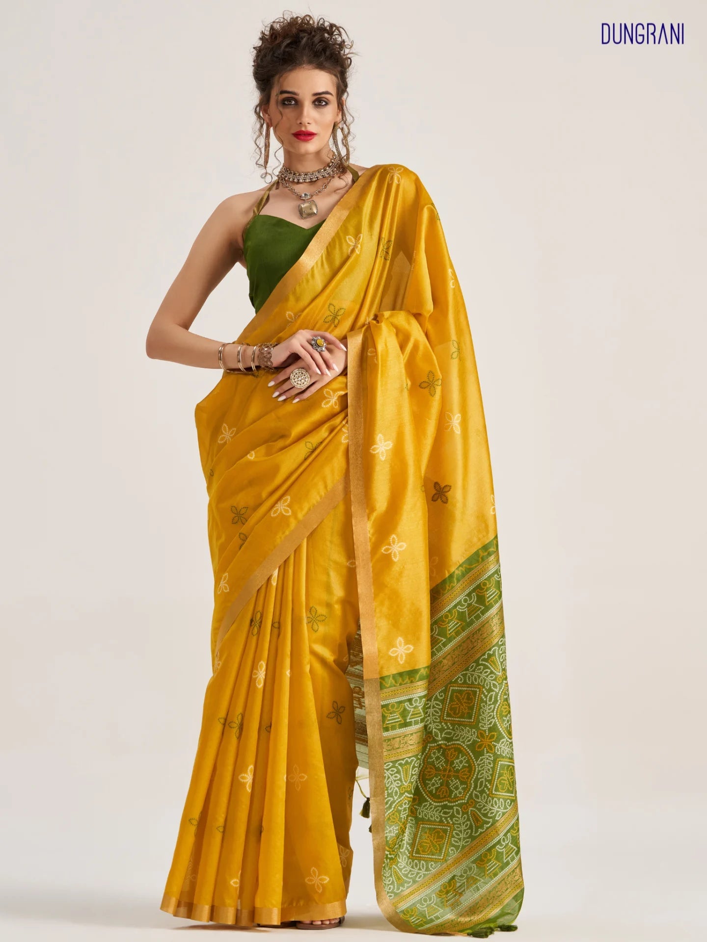 DEEP YELLOW HANDWOVEN BANDHEJ ART SILK SAREE
