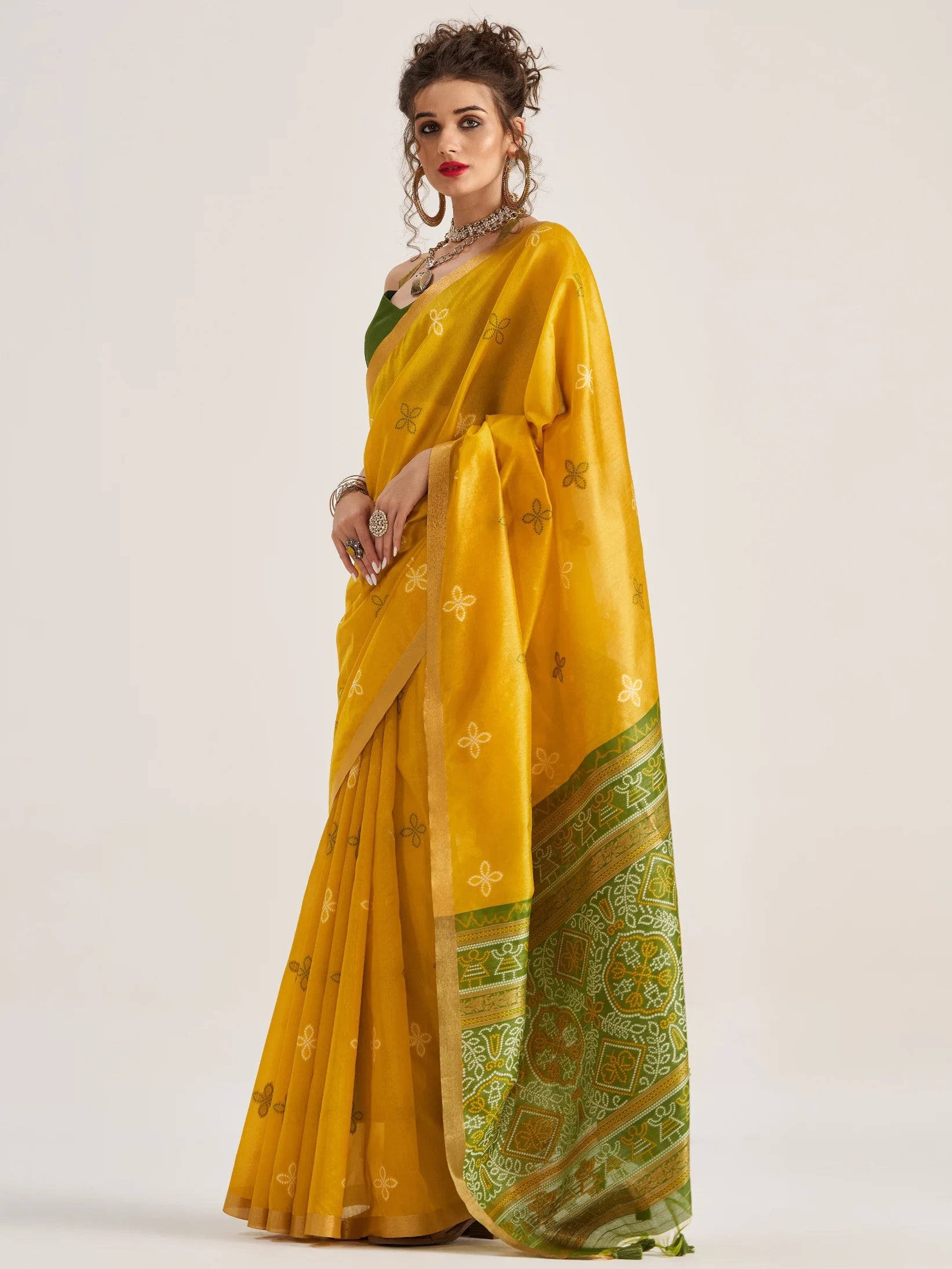 DEEP YELLOW HANDWOVEN BANDHEJ ART SILK SAREE