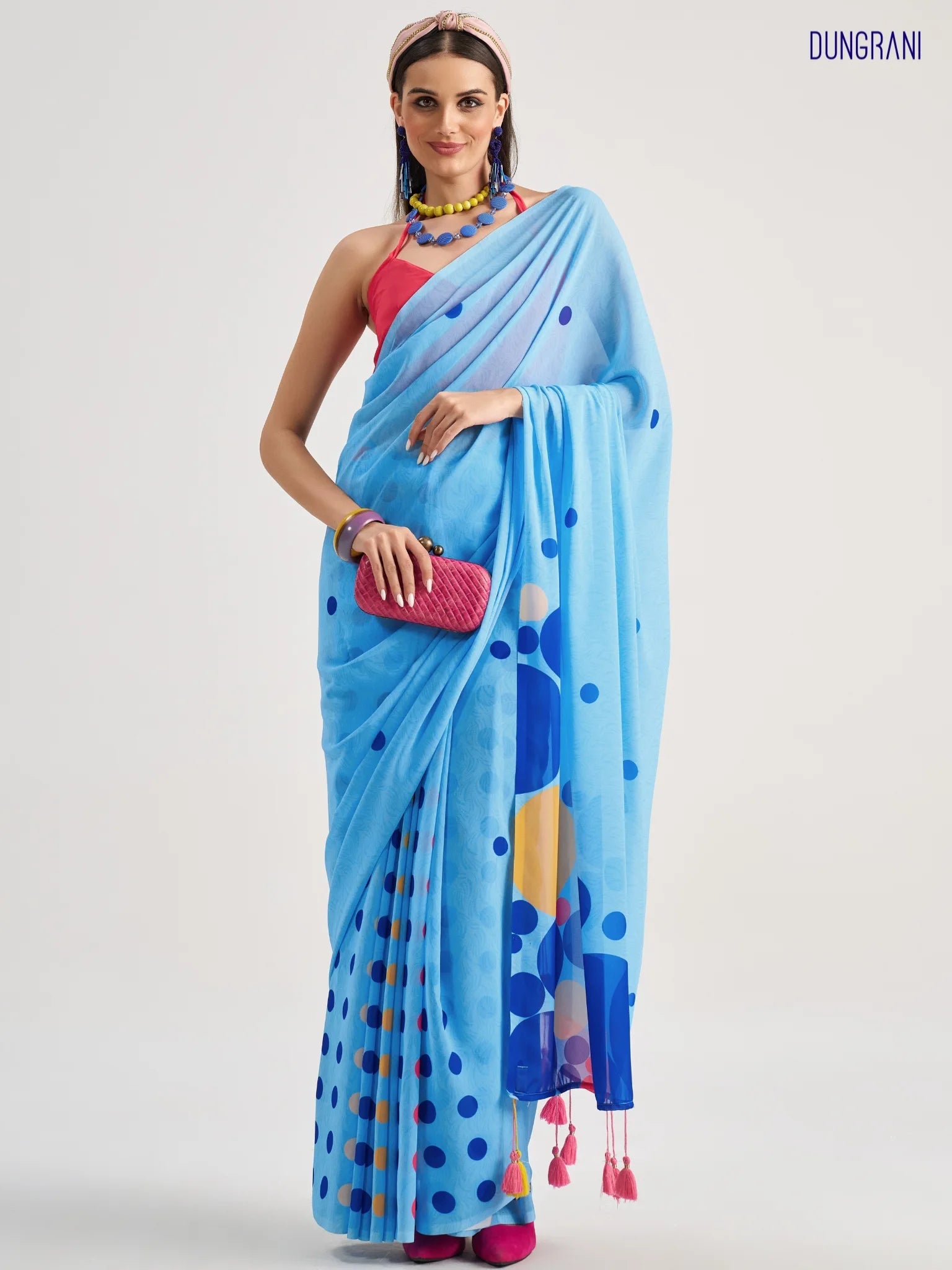 DODGER BLUE GEORGETTE POLKA POPS DIGITAL PRINTED SAREE