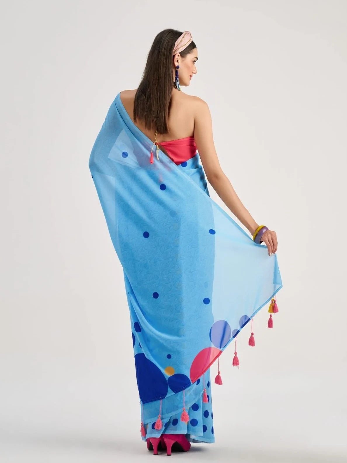 DODGER BLUE GEORGETTE POLKA POPS DIGITAL PRINTED SAREE