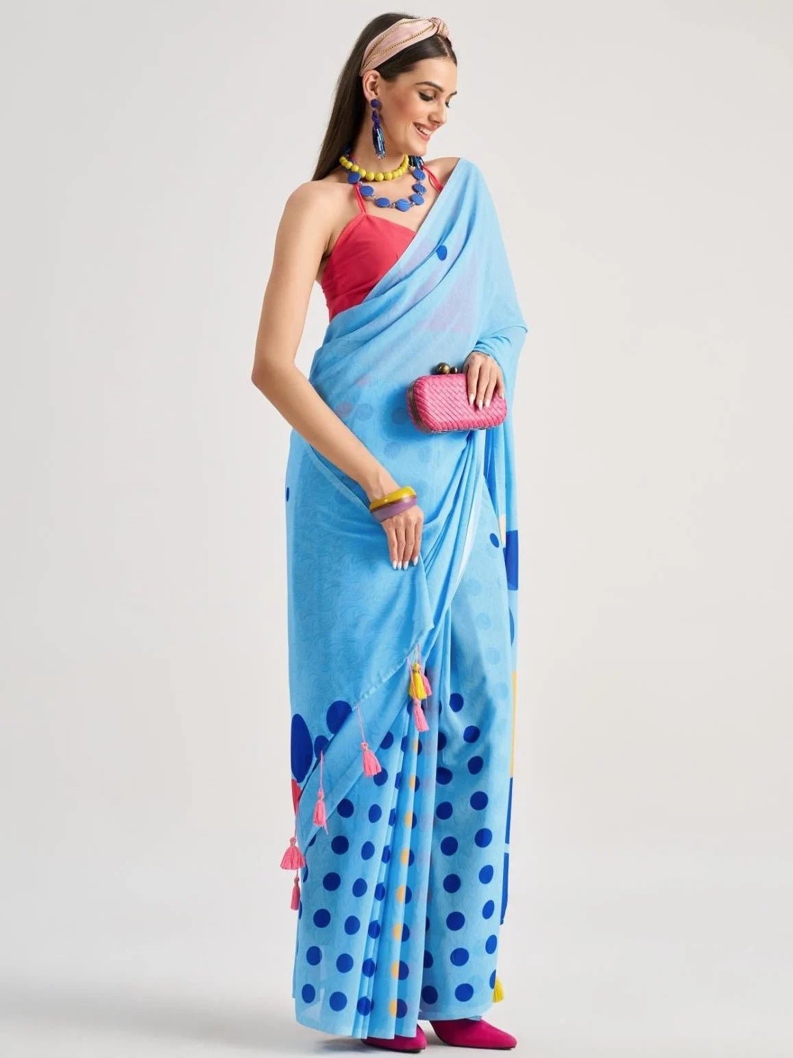DODGER BLUE GEORGETTE POLKA POPS DIGITAL PRINTED SAREE