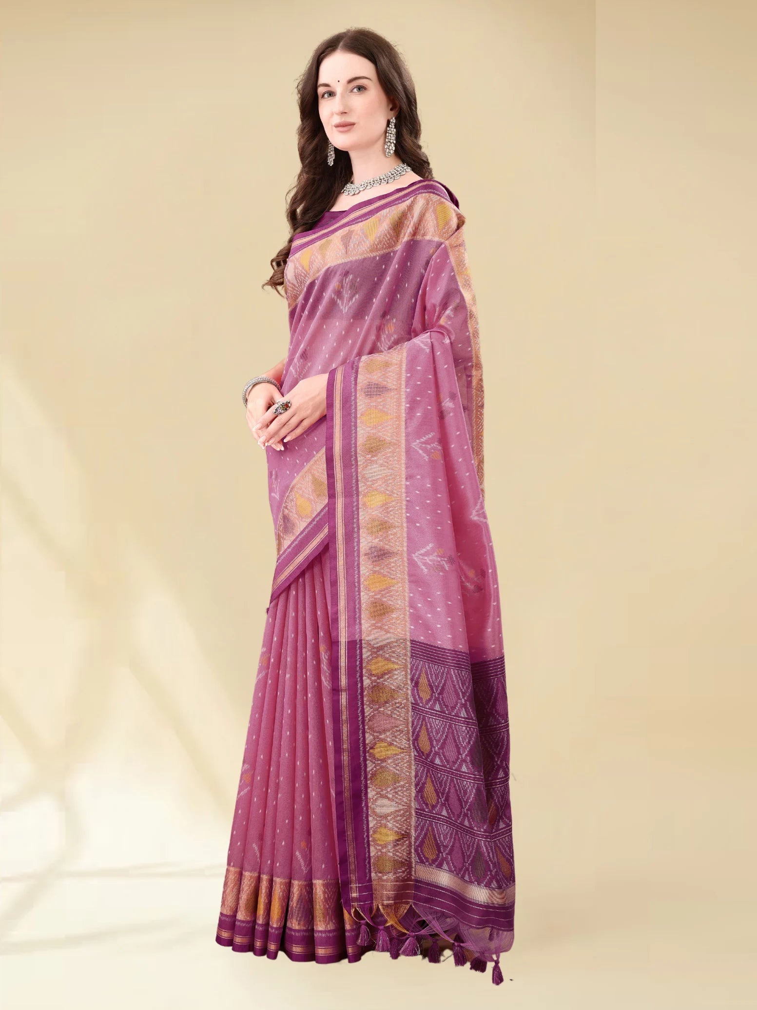 DUSTY PINK HANDWOVEN LEAF ART SILK SAREE