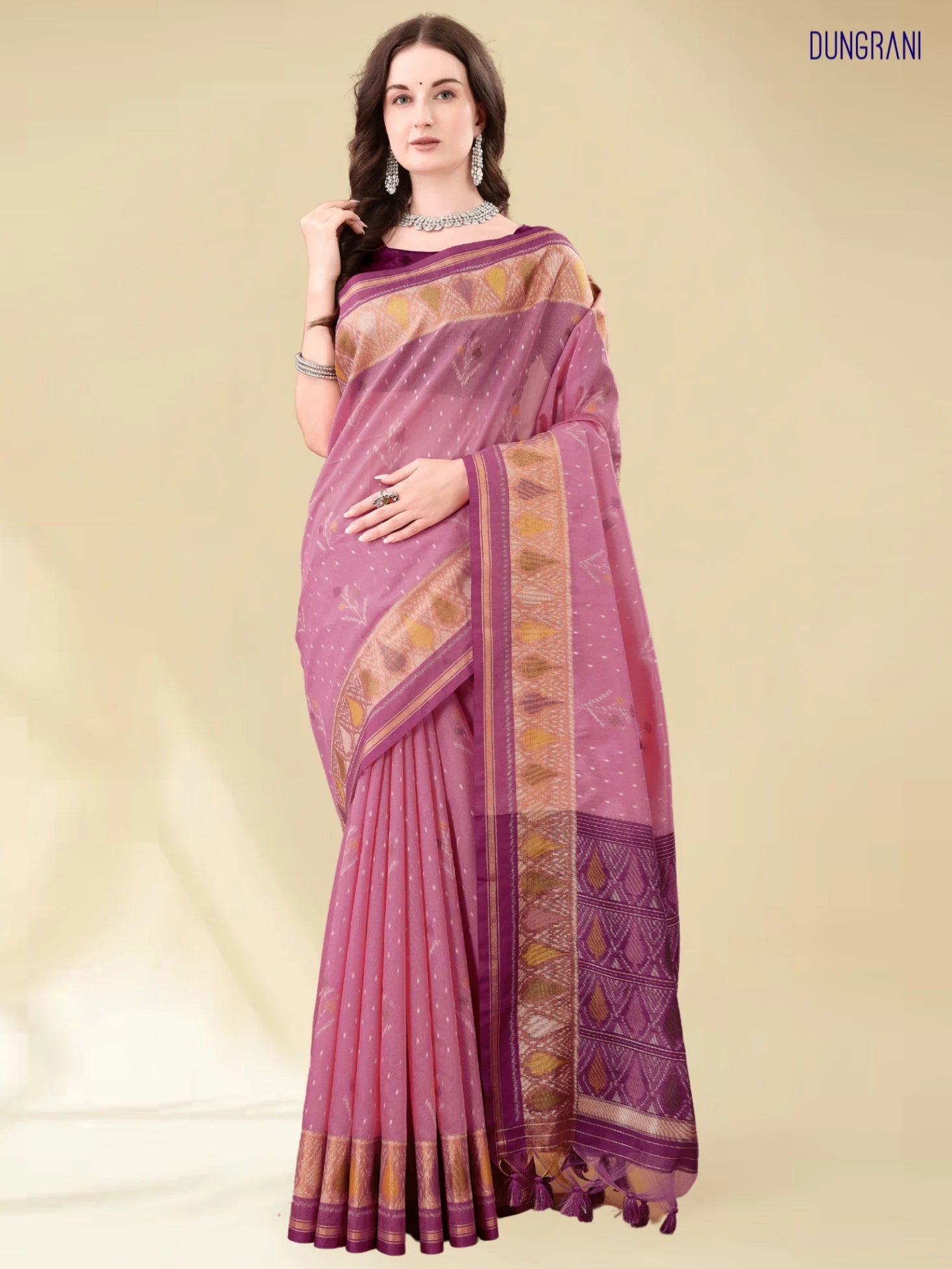 DUSTY PINK HANDWOVEN LEAF ART SILK SAREE