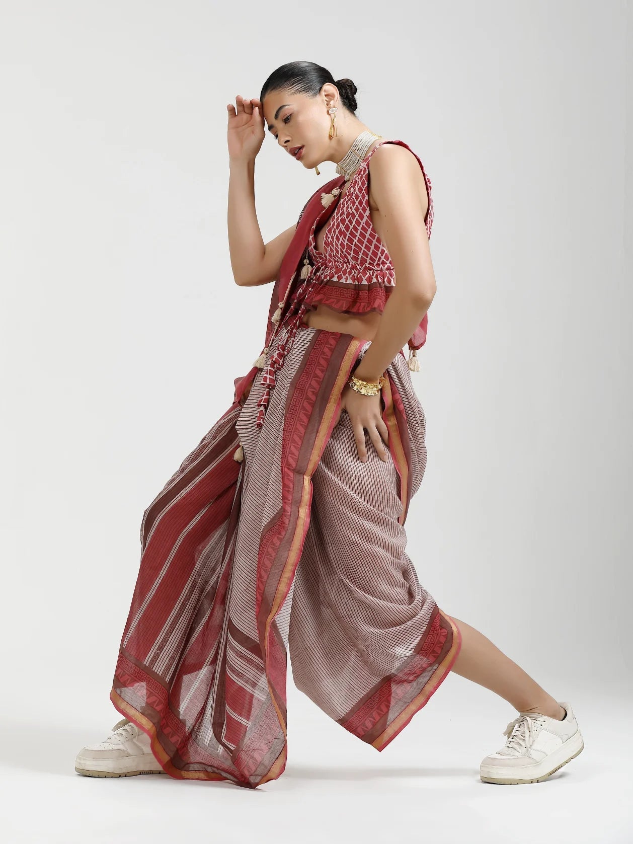 DUSTY RED MULMUL COTTON LIVA BLOCK PRINTED SAREE