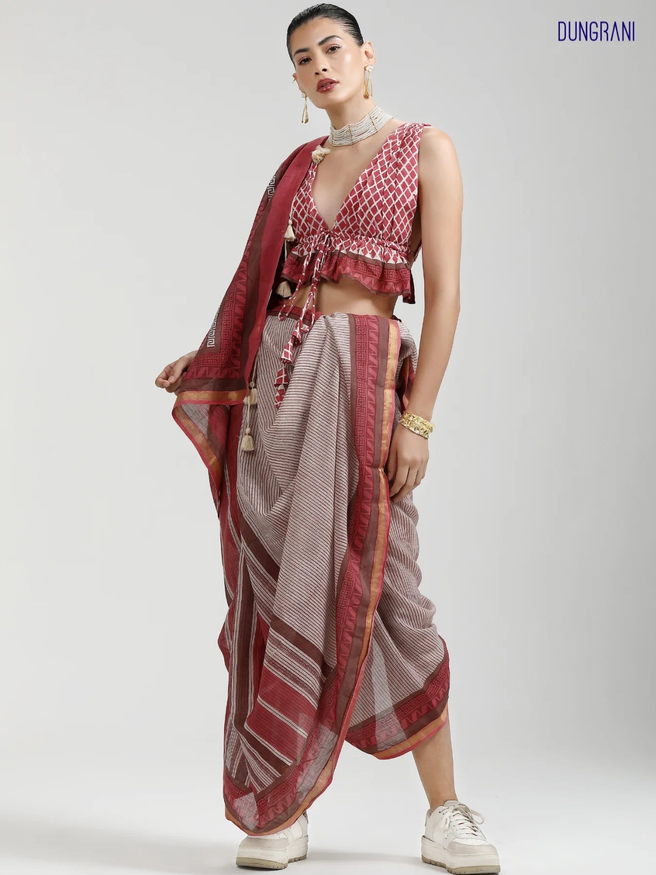 DUSTY RED MULMUL COTTON LIVA BLOCK PRINTED SAREE