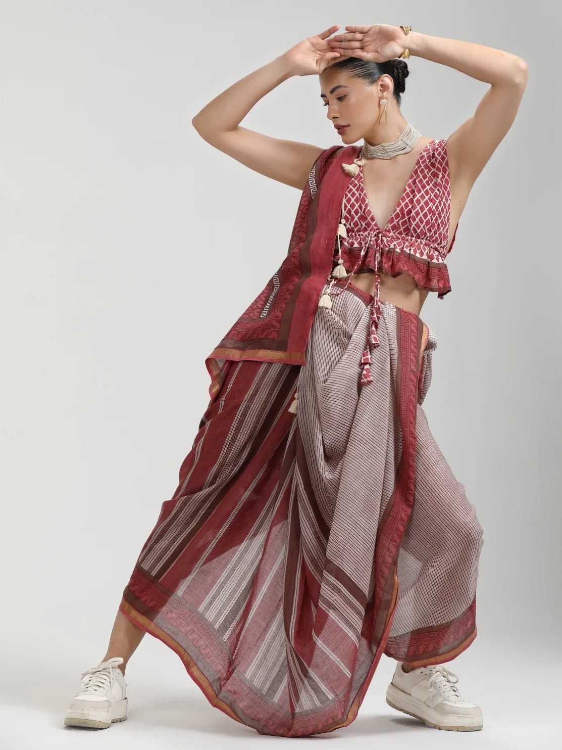 DUSTY RED MULMUL COTTON LIVA BLOCK PRINTED SAREE