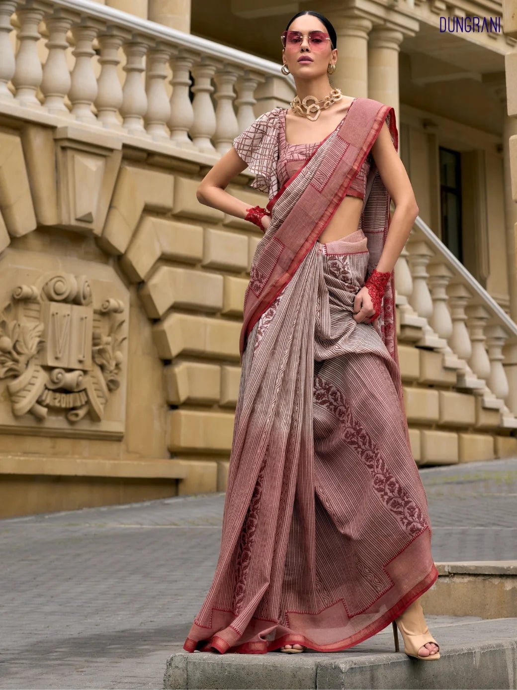 FALU RED VISCOSE MUL LIVA BLOCK PRINTED SAREE