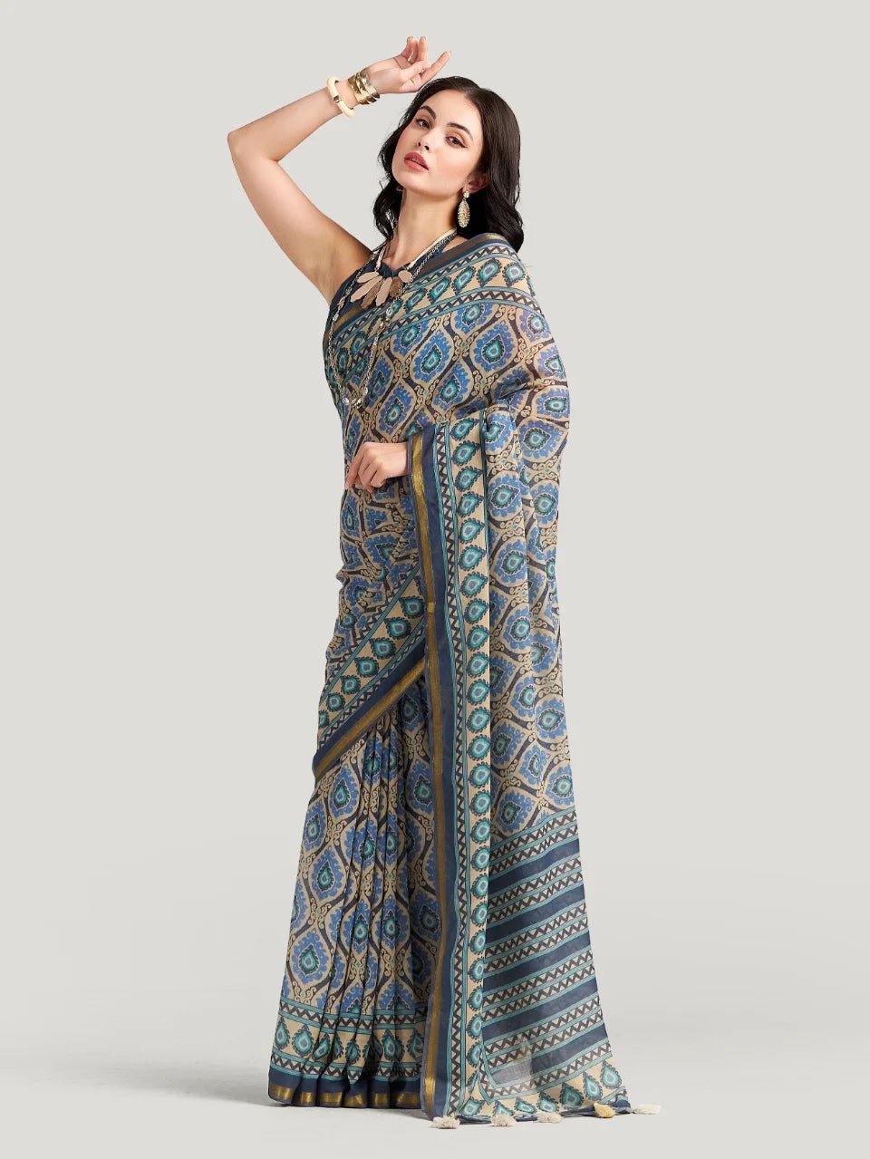 GLAUCOUS BLUE VISCOSE MUL LIVA DIGITAL PRINTED SAREE