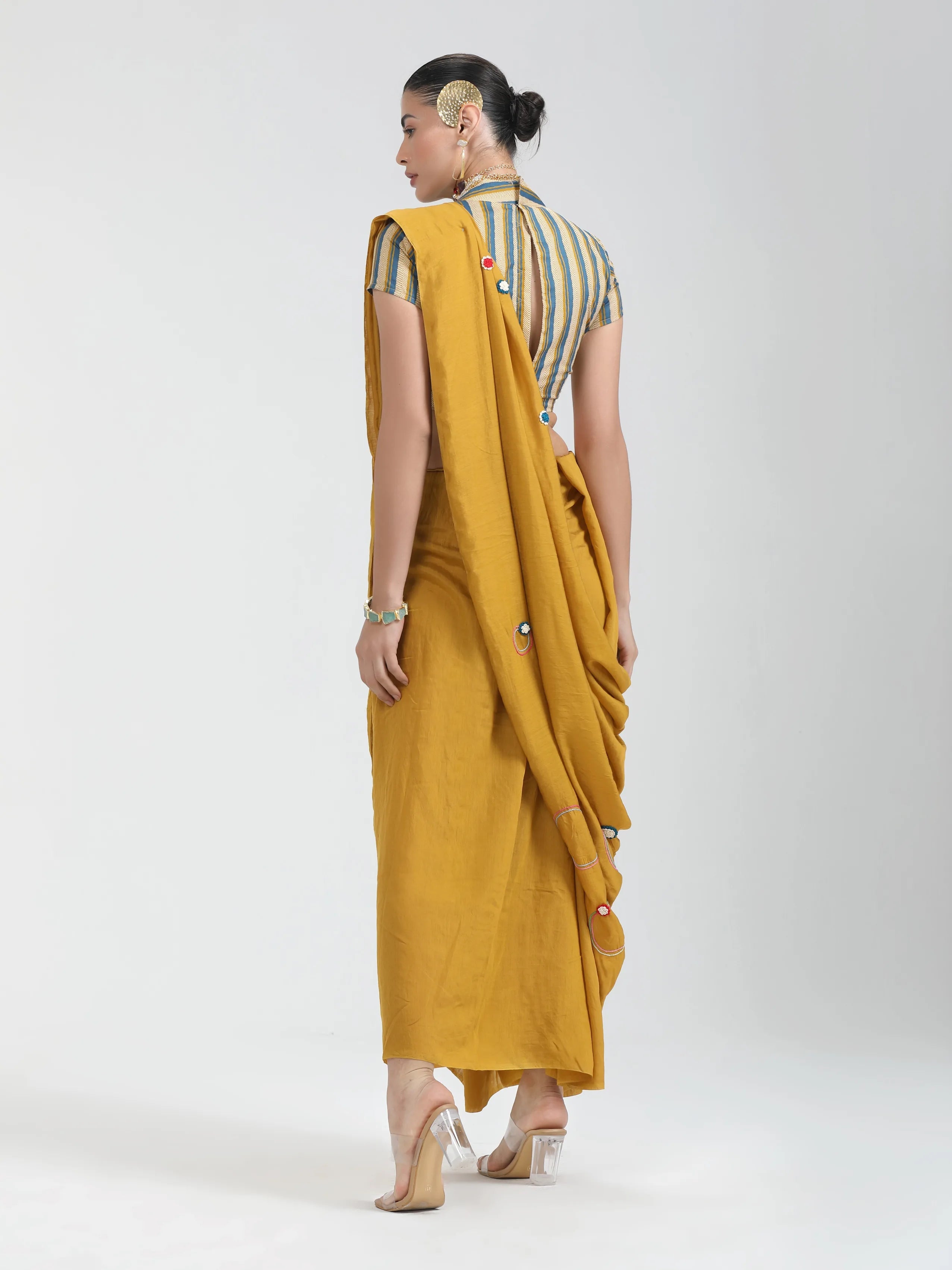 GOLDEN YELLOW VISCOSE MUL THREAD WORK SAREES