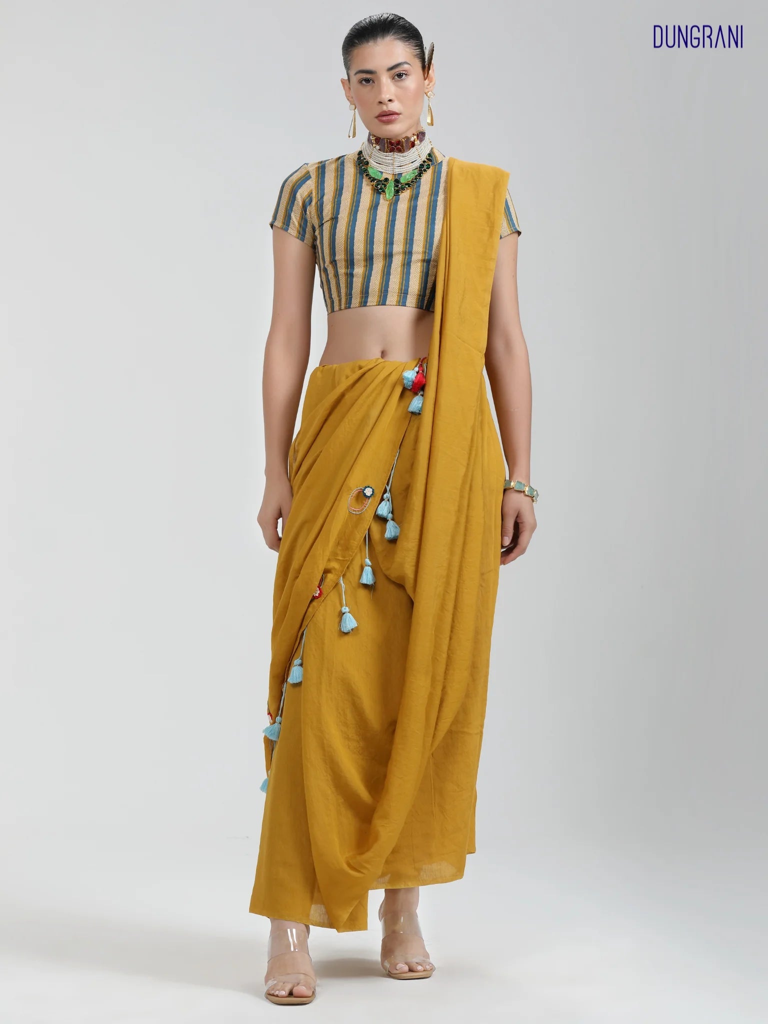 GOLDEN YELLOW VISCOSE MUL THREAD WORK SAREES