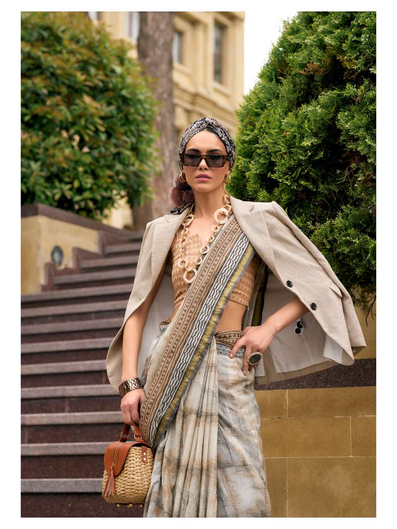 GRAY & CREAM VISCOSE MUL LIVA BLOCK PRINTED SAREE