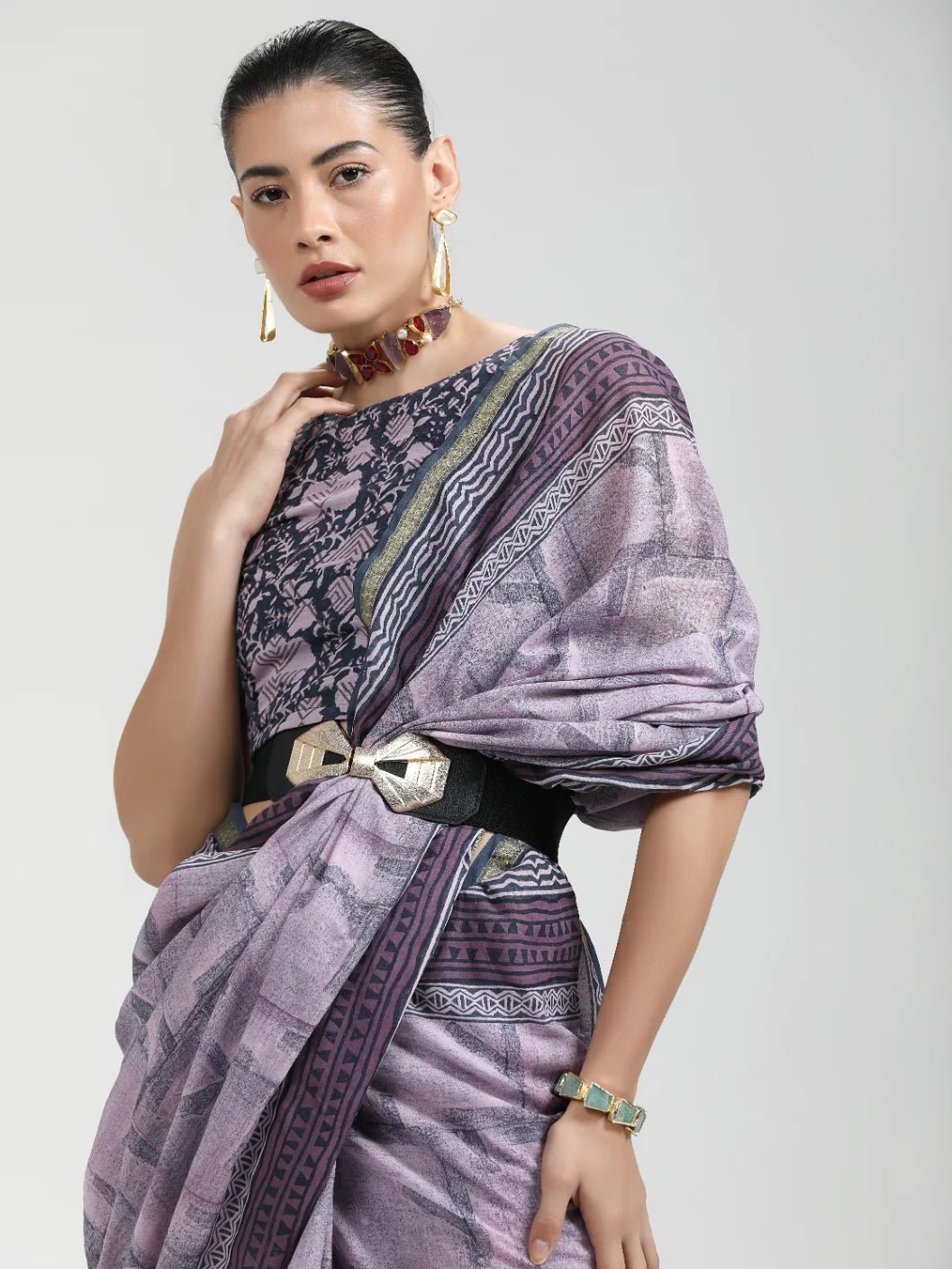 GRAY & LILAC MULMUL COTTON LIVA BLOCK PRINTED SAREE