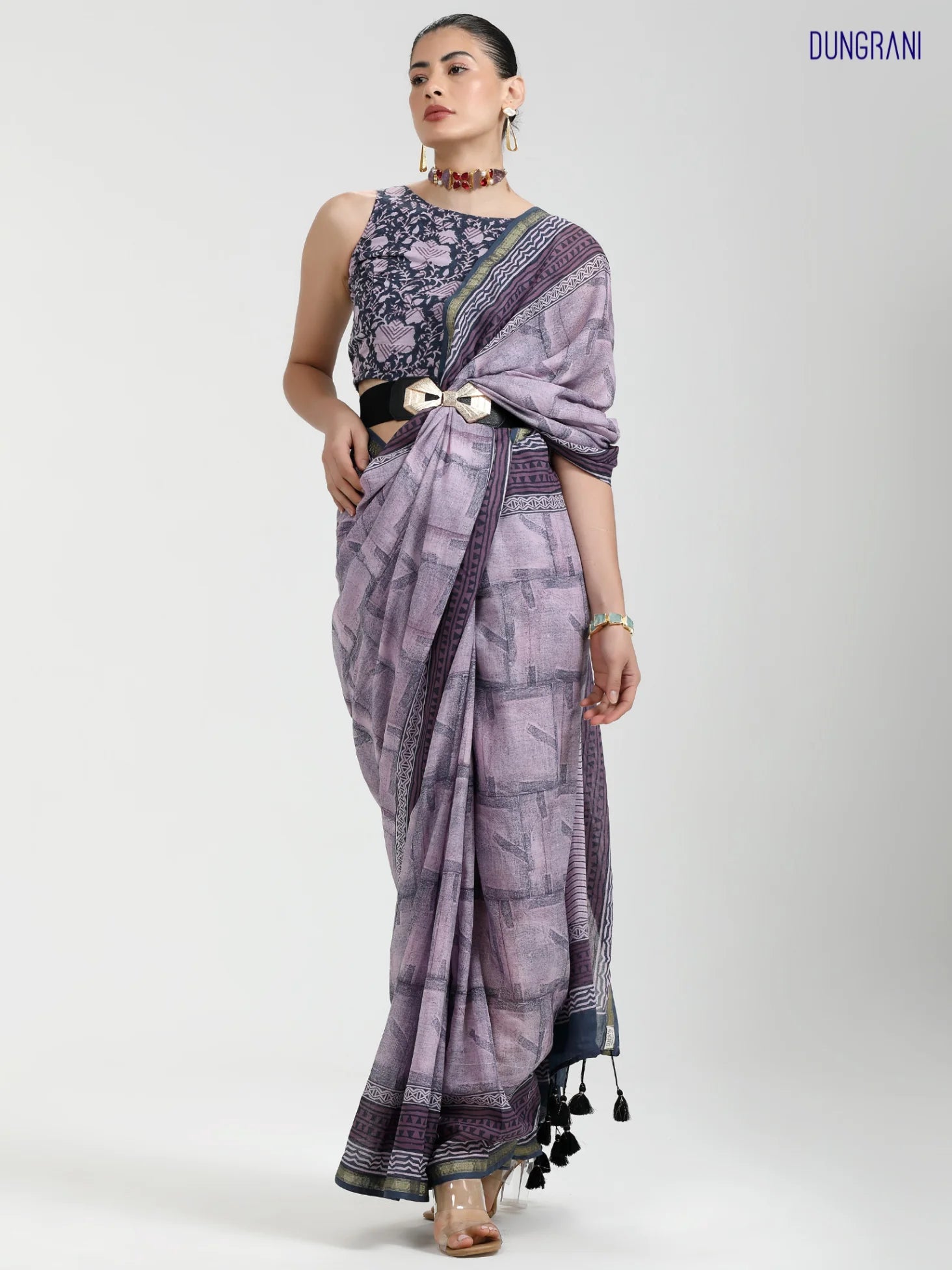 GRAY & LILAC MULMUL COTTON LIVA BLOCK PRINTED SAREE