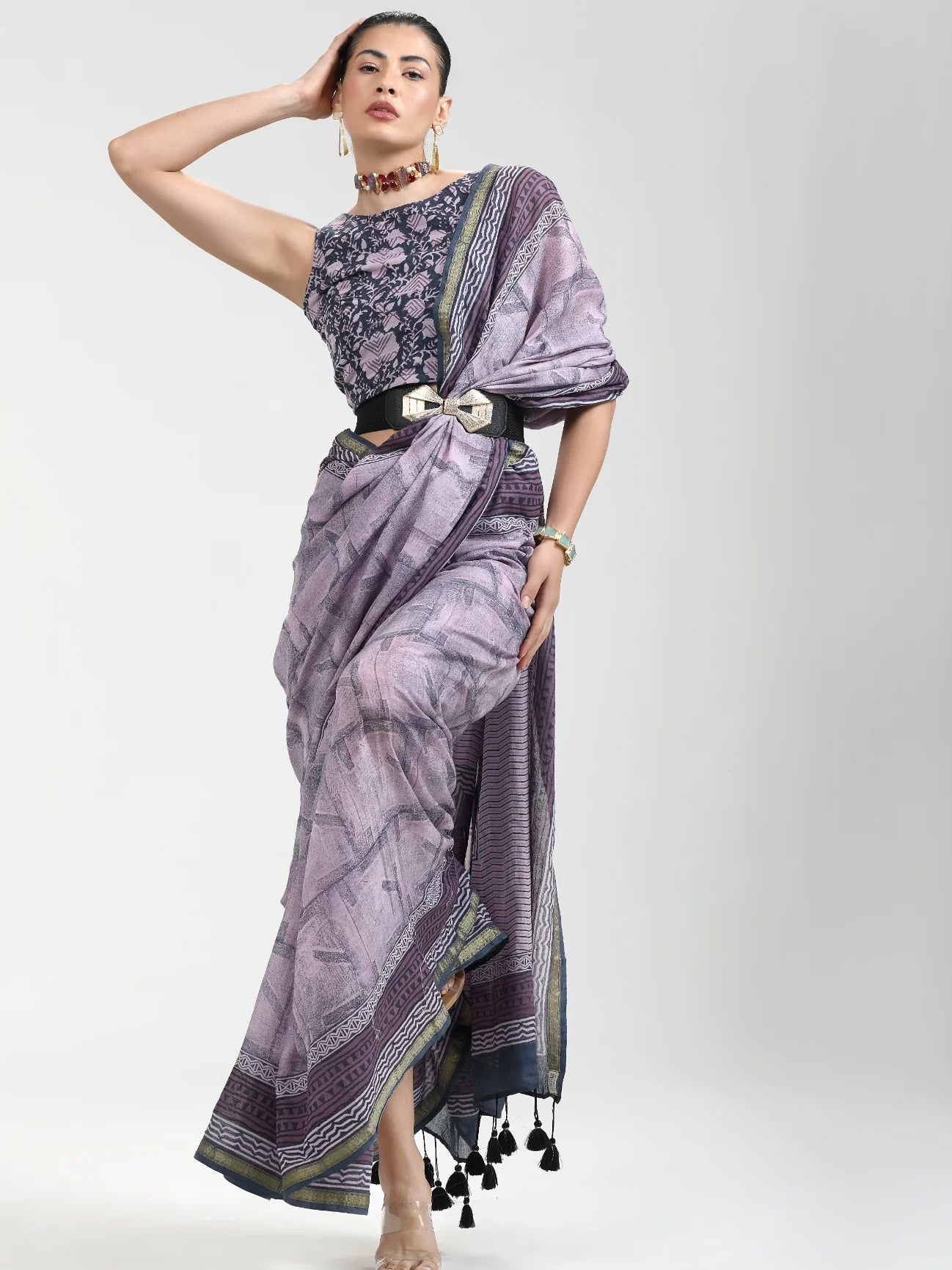 GRAY & LILAC MULMUL COTTON LIVA BLOCK PRINTED SAREE