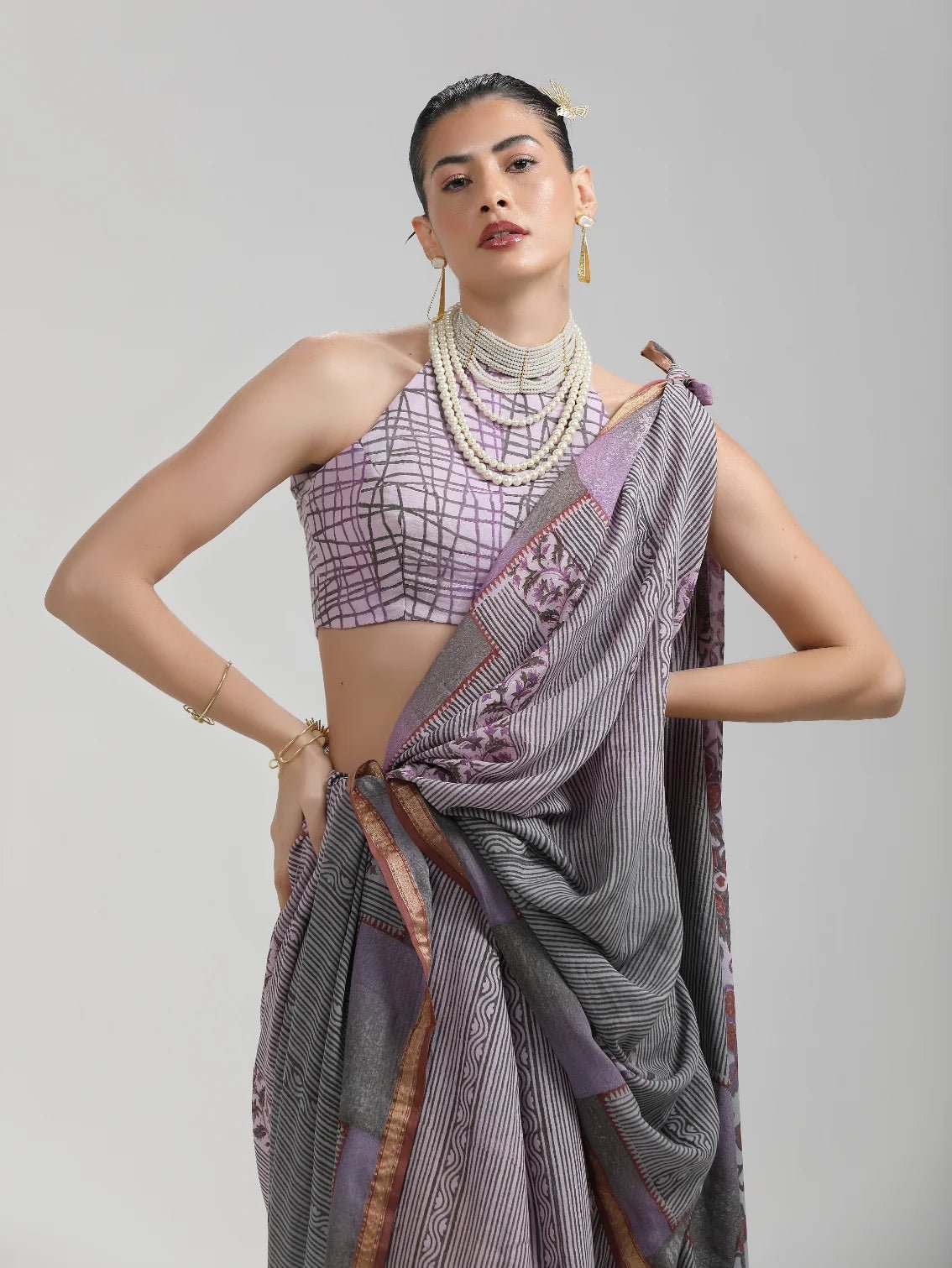 GRAY & MAROON MULMUL COTTON LIVA BLOCK PRINTED SAREE
