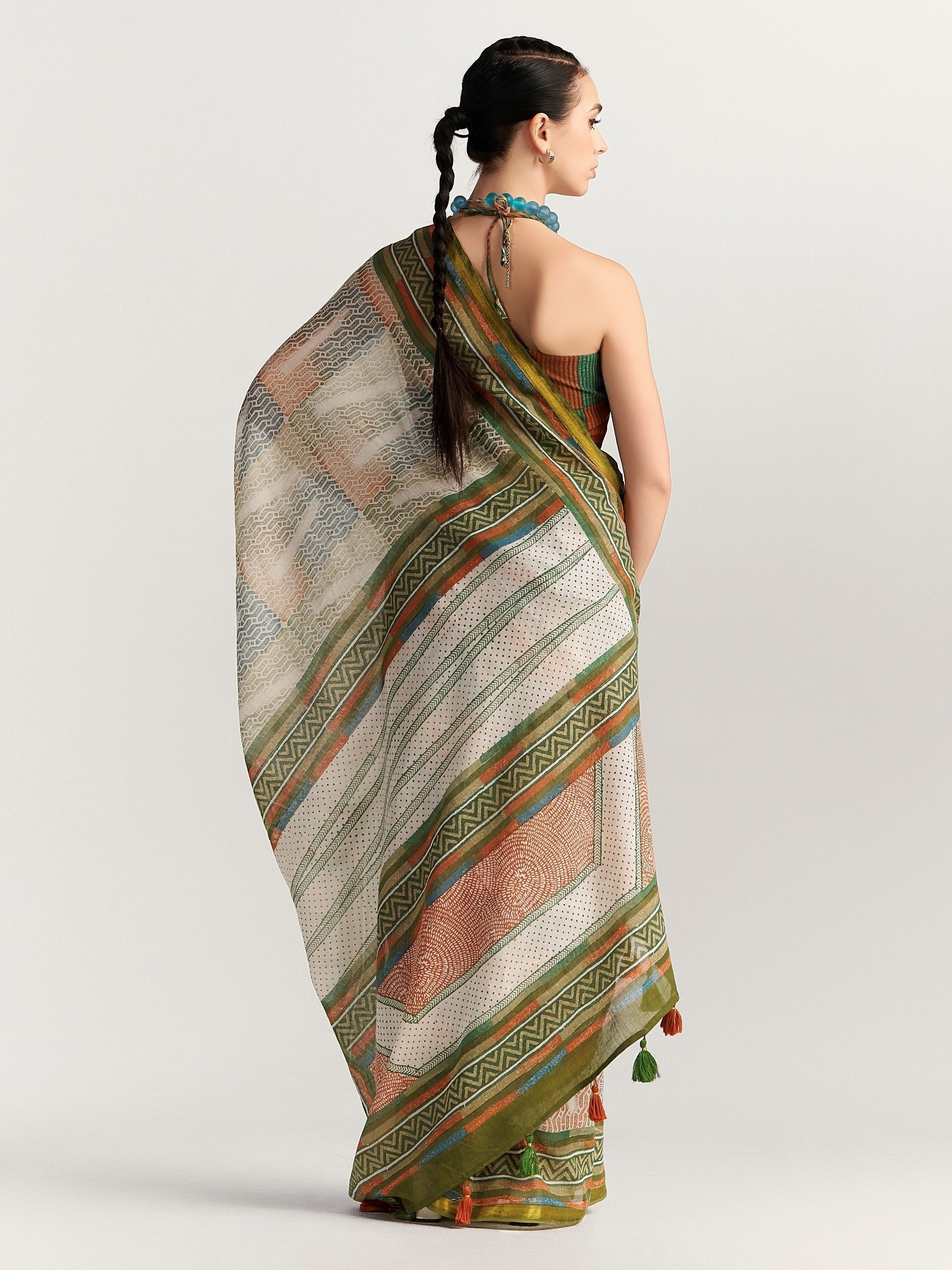 GREEN & RUSTY ORANGE VISCOSE MUL BLOCK PRINTED SAREE