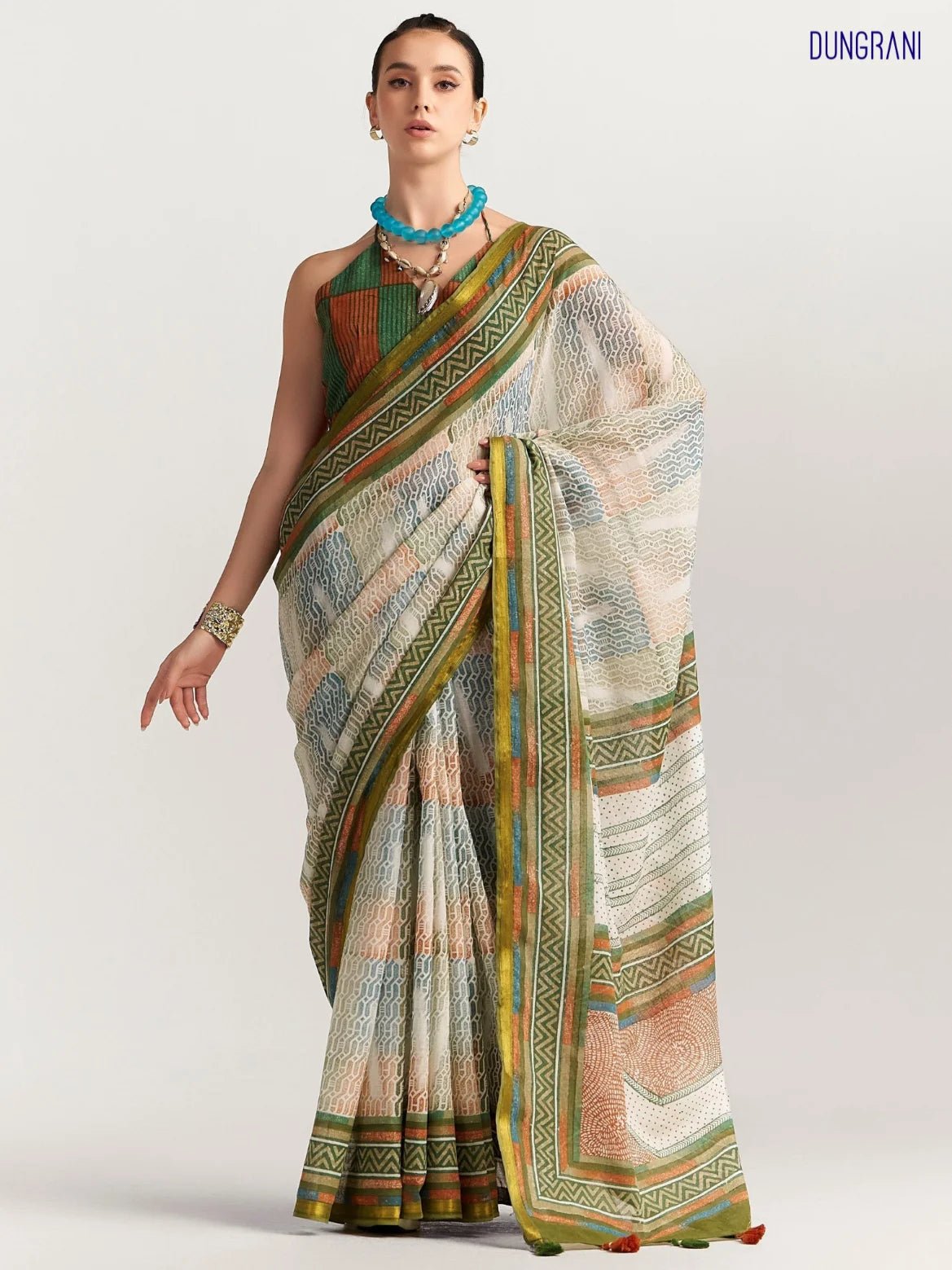 GREEN & RUSTY ORANGE VISCOSE MUL BLOCK PRINTED SAREE