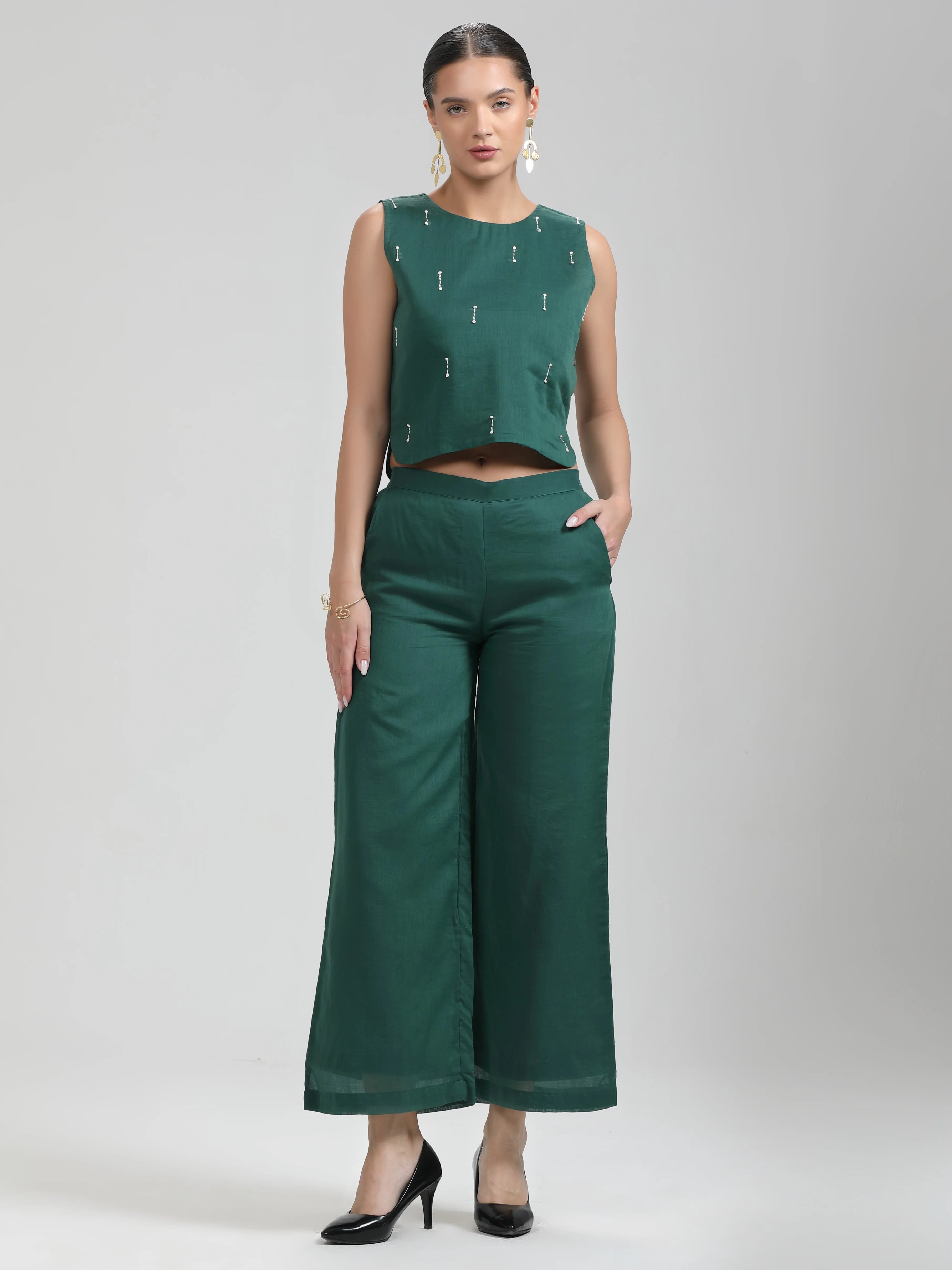 GREEN VISCOSE MUL HAND EMBROIDERD CROP TOP WITH PANTS