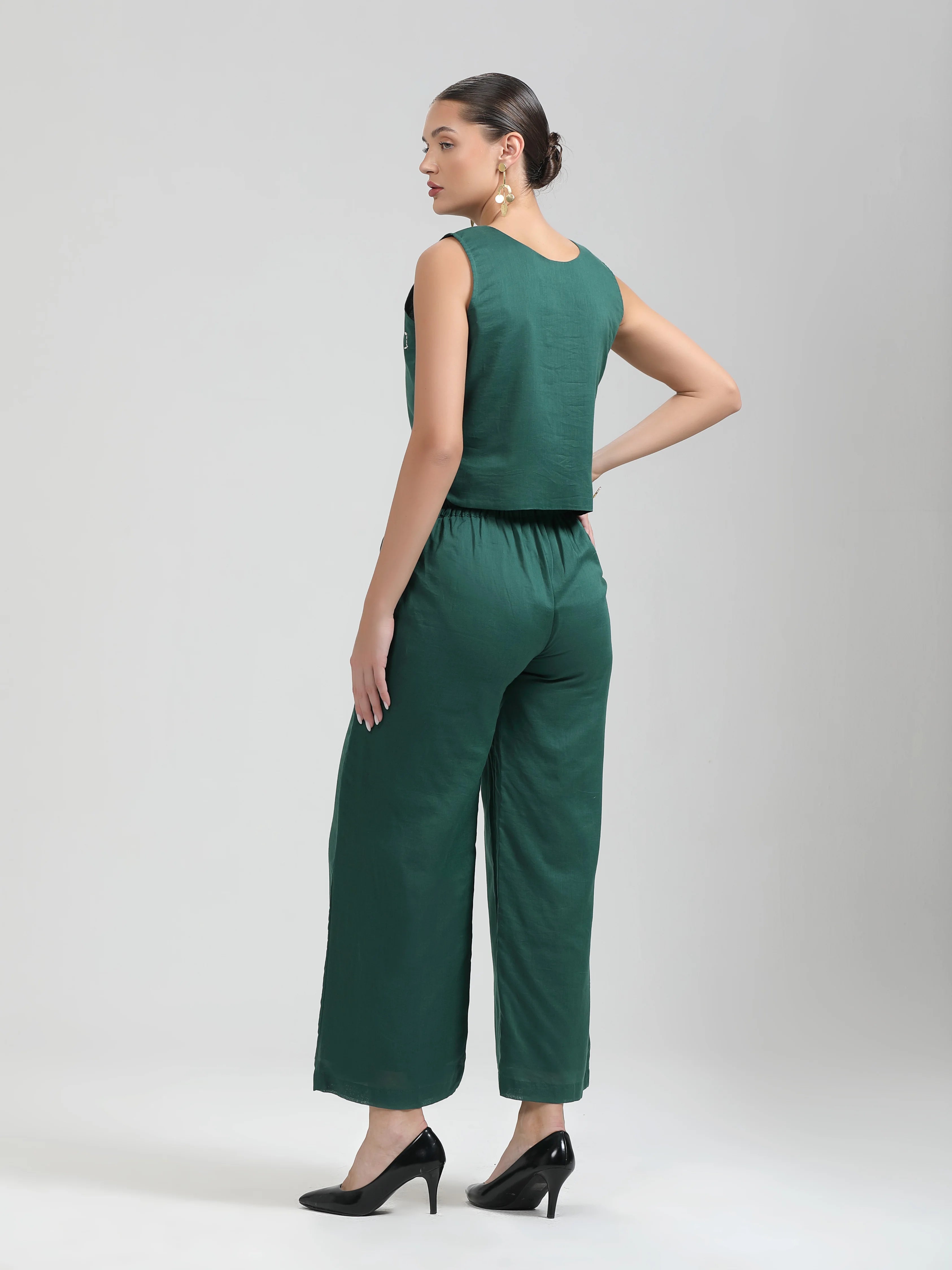 GREEN MULMUL COTTON HAND EMBROIDERD CROP TOP WITH PANTS