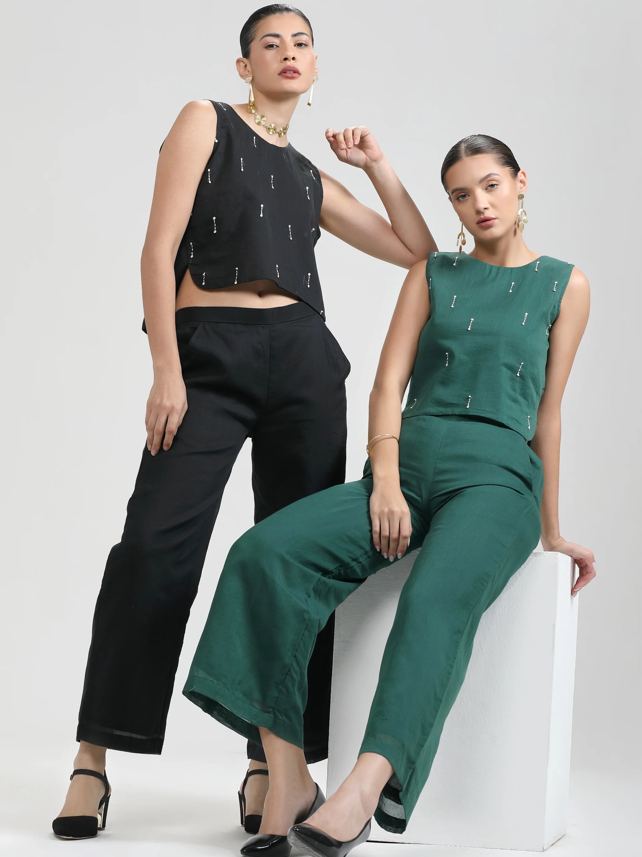 GREEN MULMUL COTTON HAND EMBROIDERD CROP TOP WITH PANTS