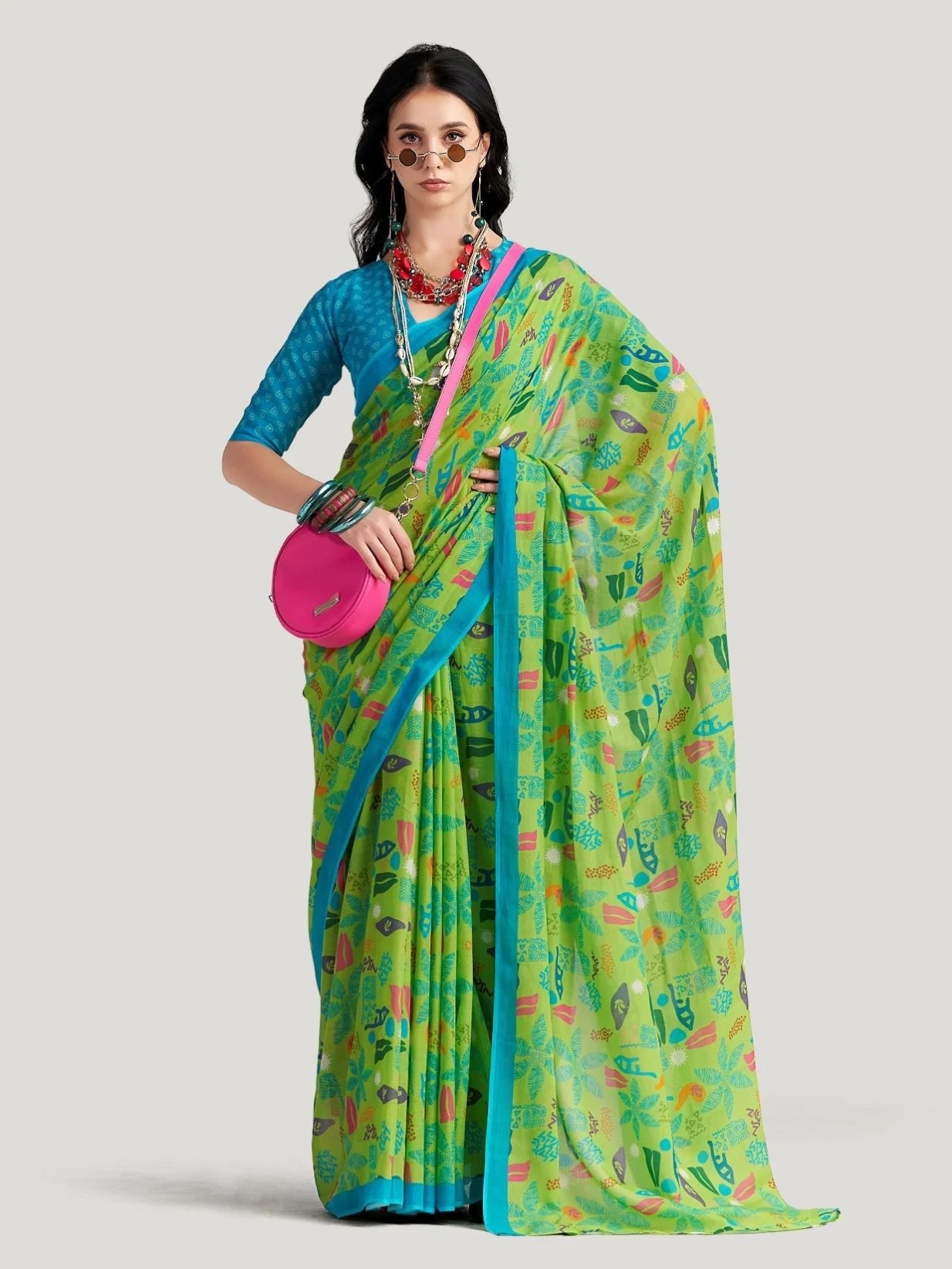 GREEN VISCOSE MUL LIVA DIGITAL PRINTED SAREE