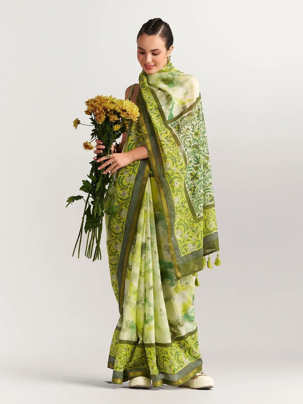 GREEN & YELLOW SHADE VISCOSE MUL BLOCK PRINTED SAREE