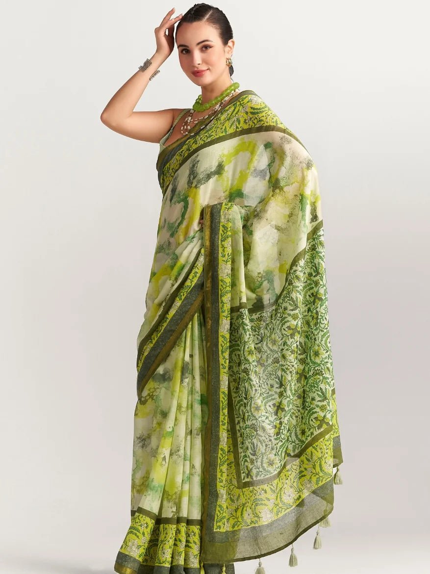 GREEN & YELLOW SHADE VISCOSE MUL BLOCK PRINTED SAREE