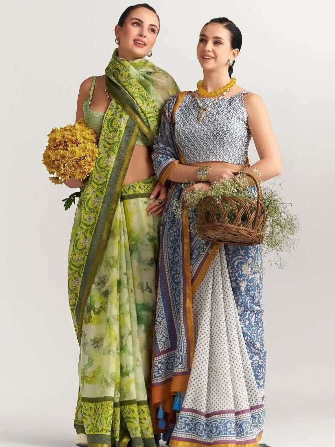 GREEN & YELLOW SHADE VISCOSE MUL BLOCK PRINTED SAREE