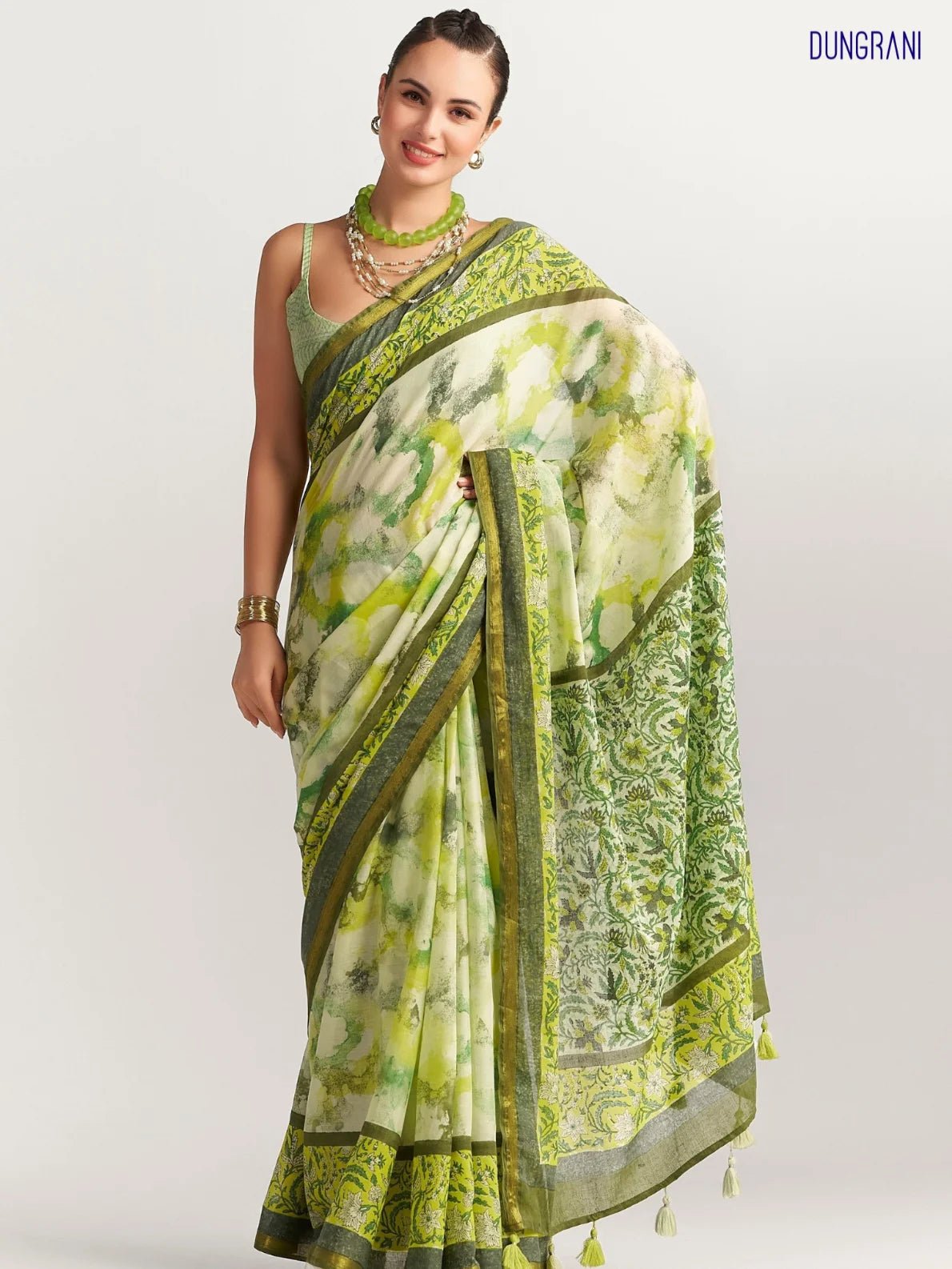 GREEN & YELLOW SHADE VISCOSE MUL BLOCK PRINTED SAREE