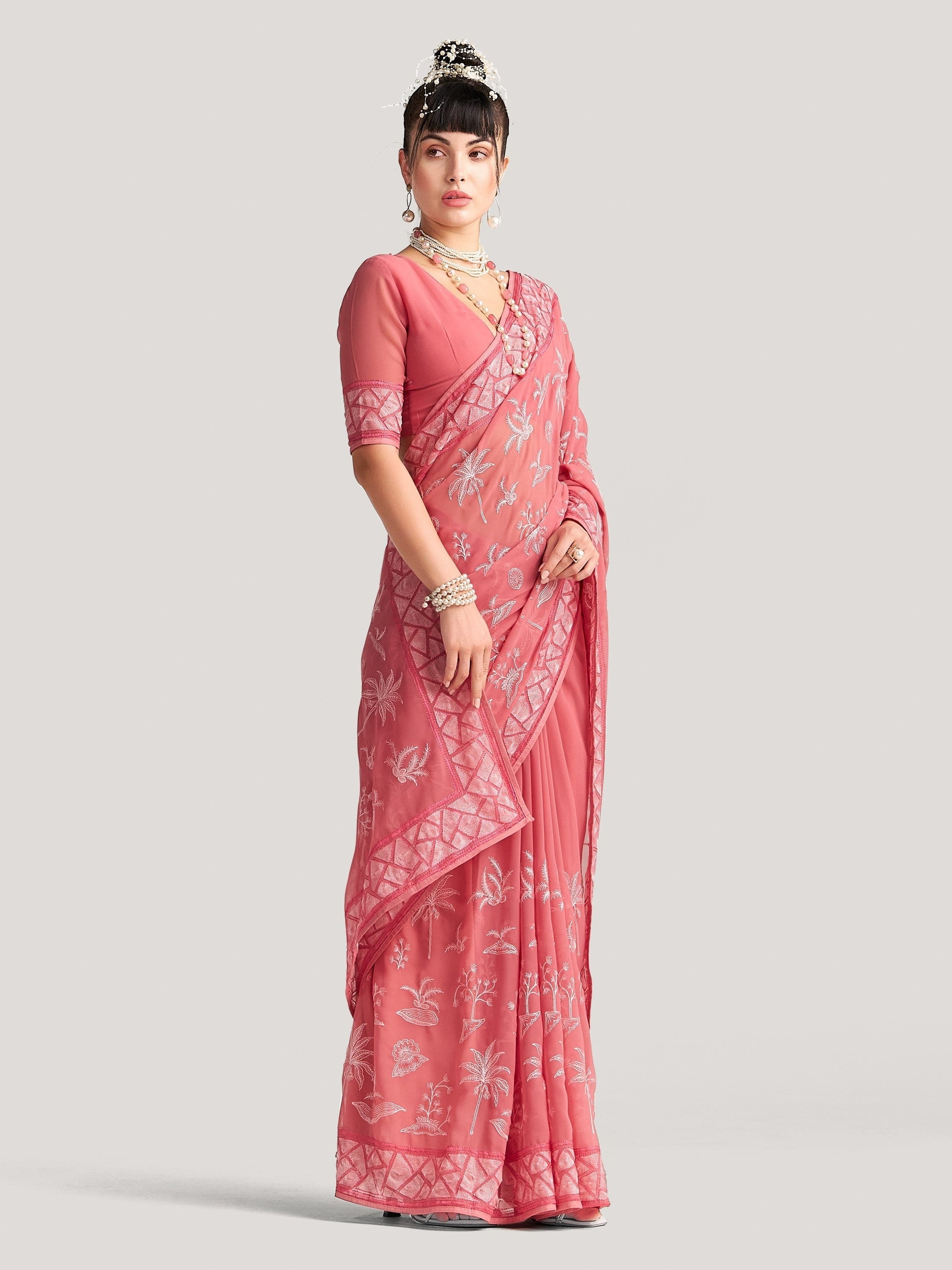 HOT PINK GEORGETTE TREE PRINTED EMBROIDERY SAREE