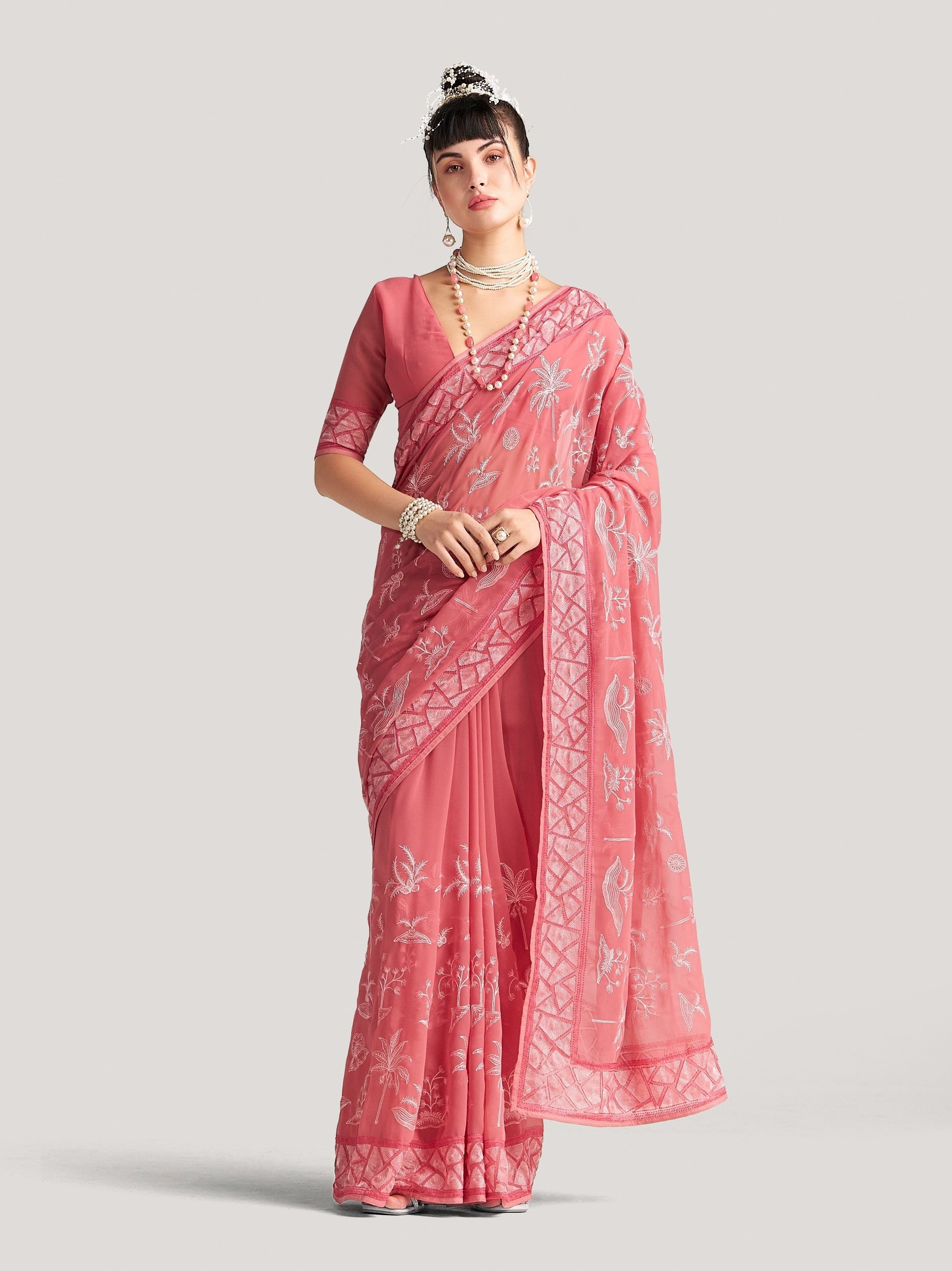 HOT PINK GEORGETTE TREE PRINTED EMBROIDERY SAREE