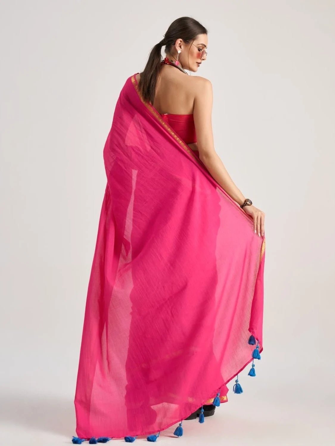 HOT PINK MULMUL COTTON LIVA SOLID SAREE