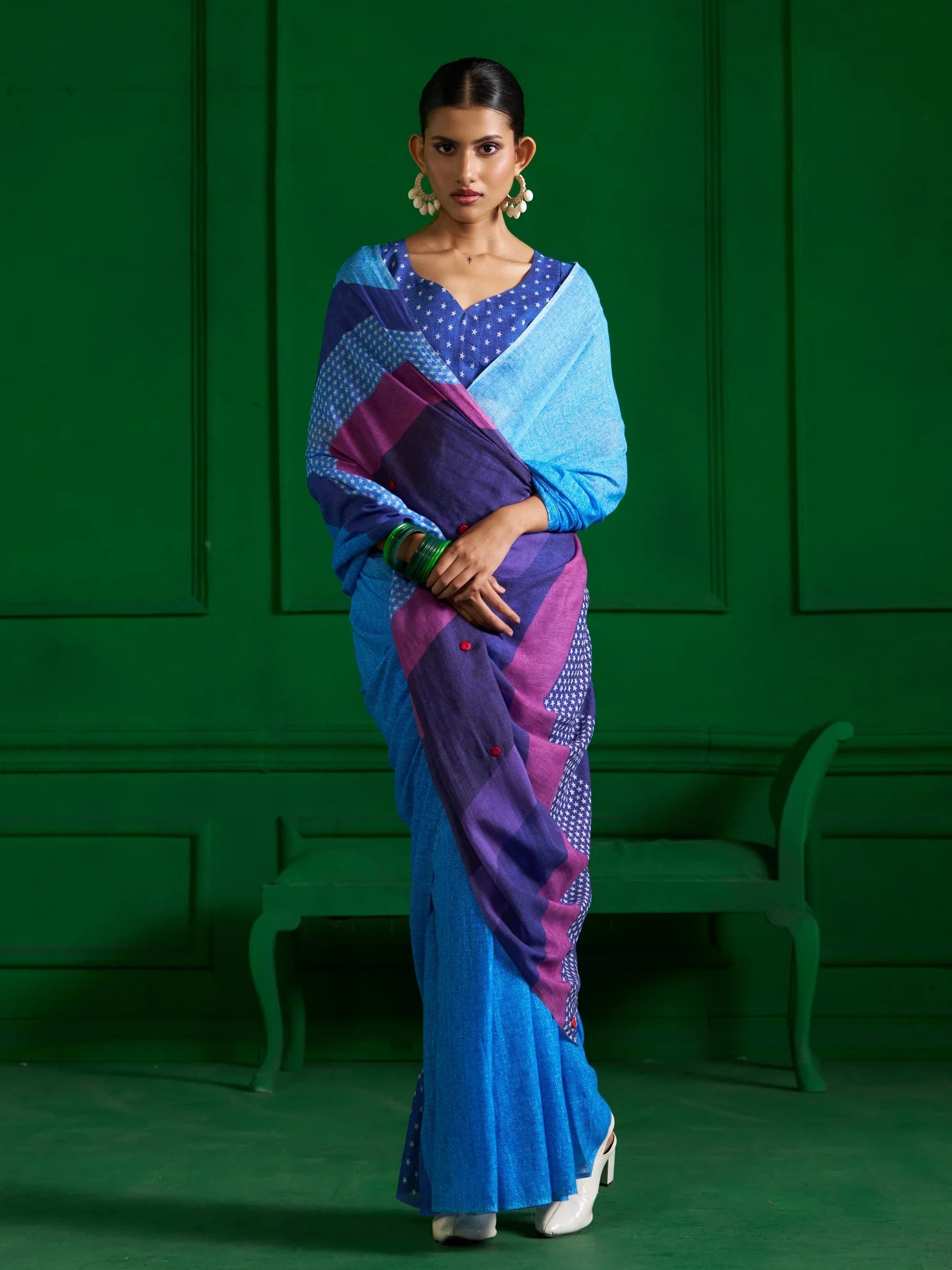 INK BLUE VISCOSE MUL OMBRE DENIM PRINT SAREE