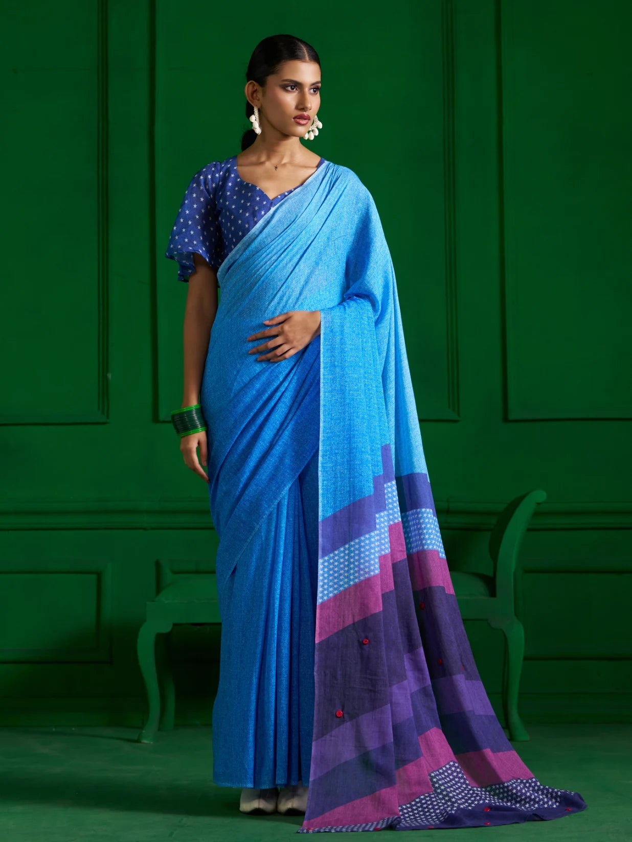 INK BLUE VISCOSE MUL OMBRE DENIM PRINT SAREE