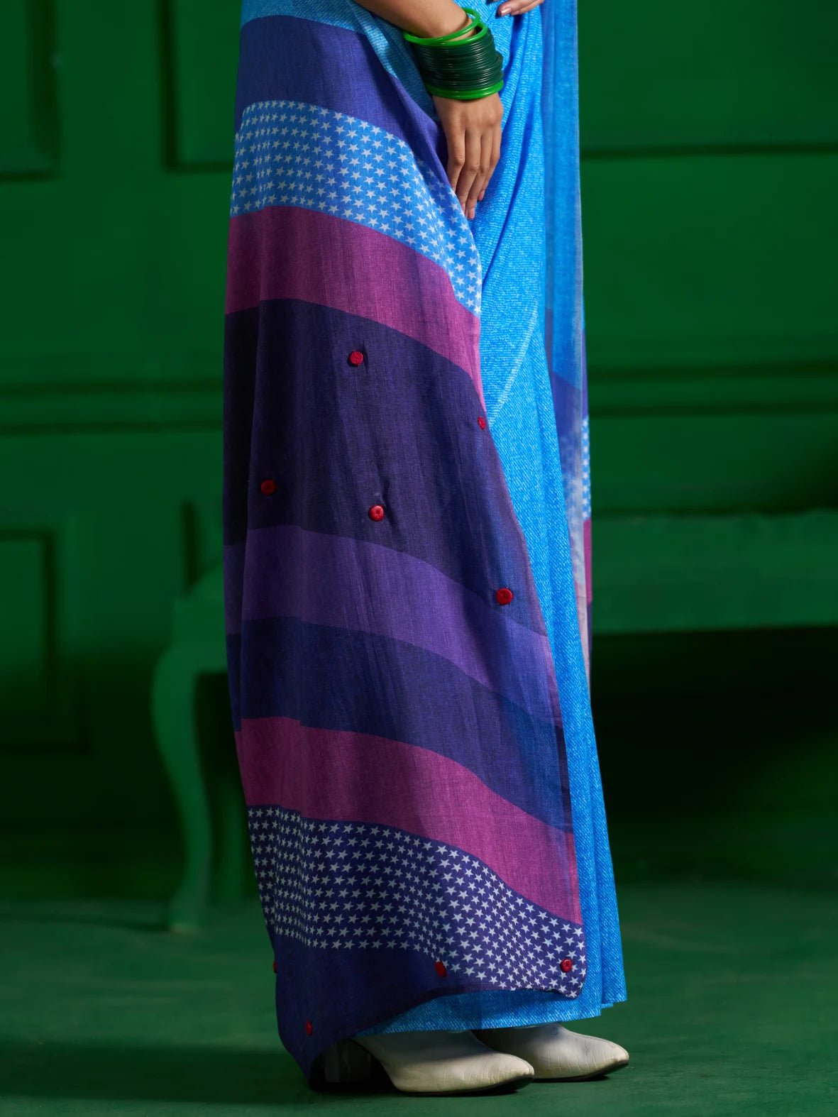 INK BLUE VISCOSE MUL OMBRE DENIM PRINT SAREE