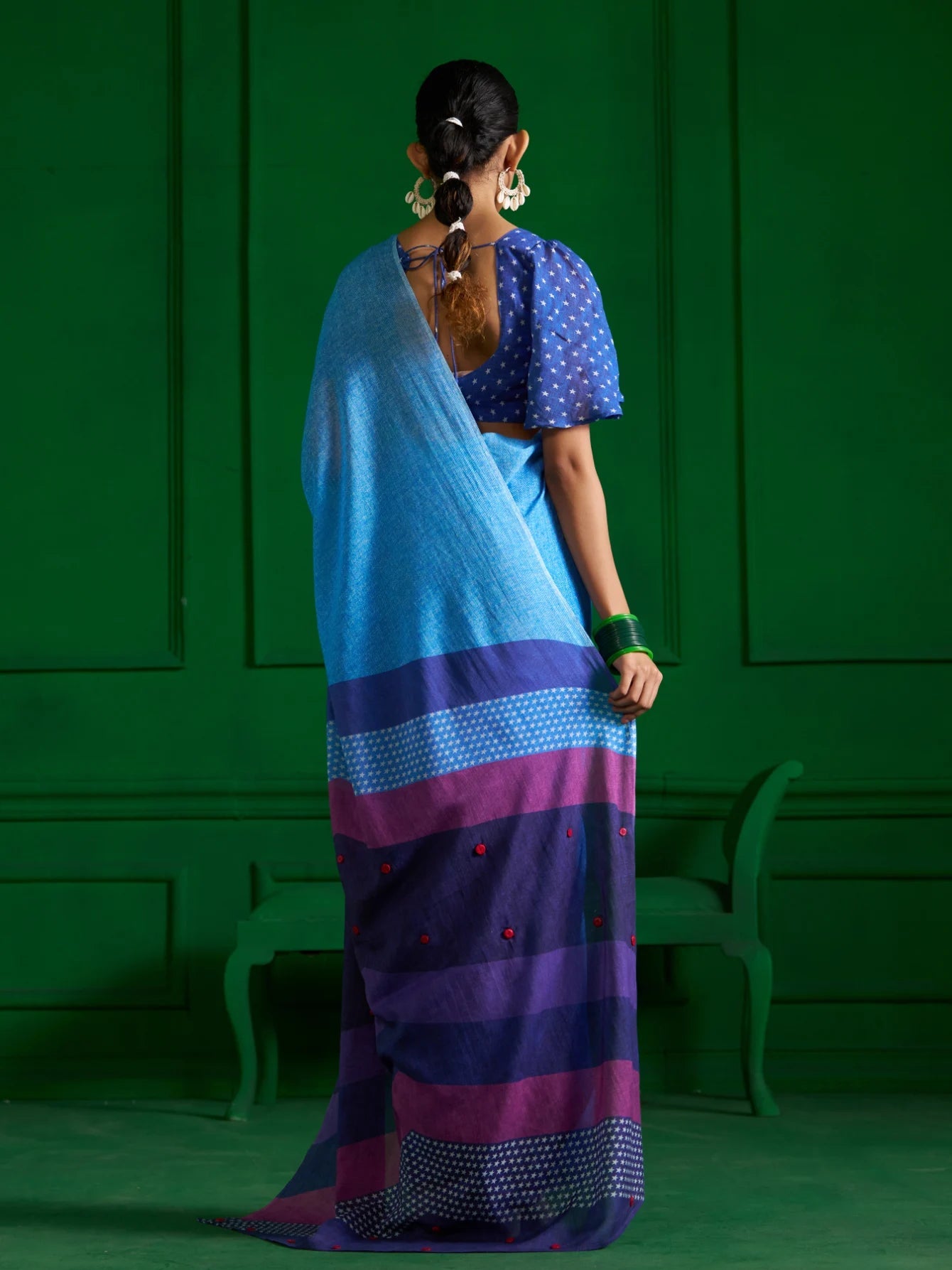 INK BLUE VISCOSE MUL OMBRE DENIM PRINT SAREE