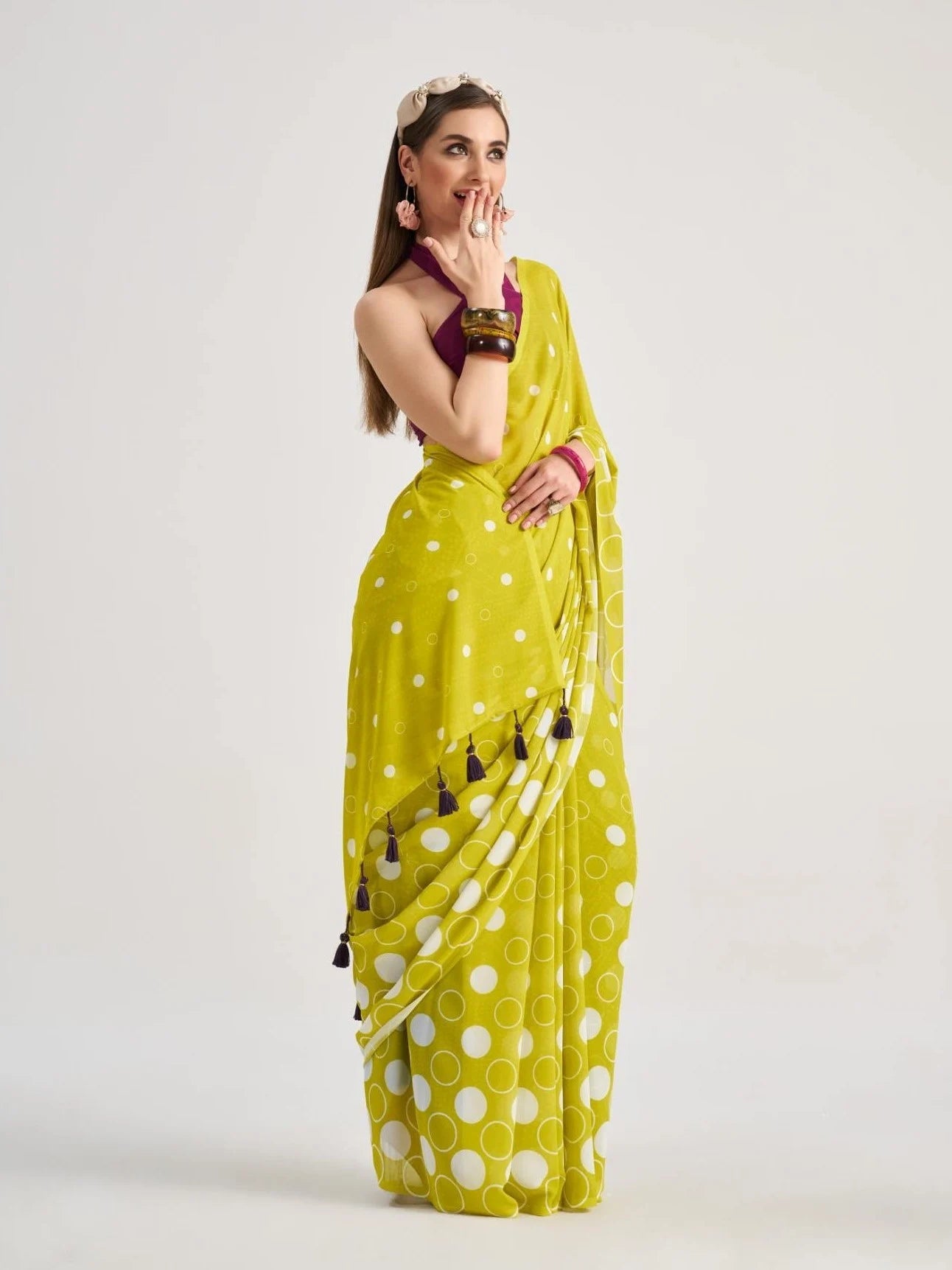 LEMON YELLOW GEORGETTE POLKA POPS DIGITAL PRINTED SAREE