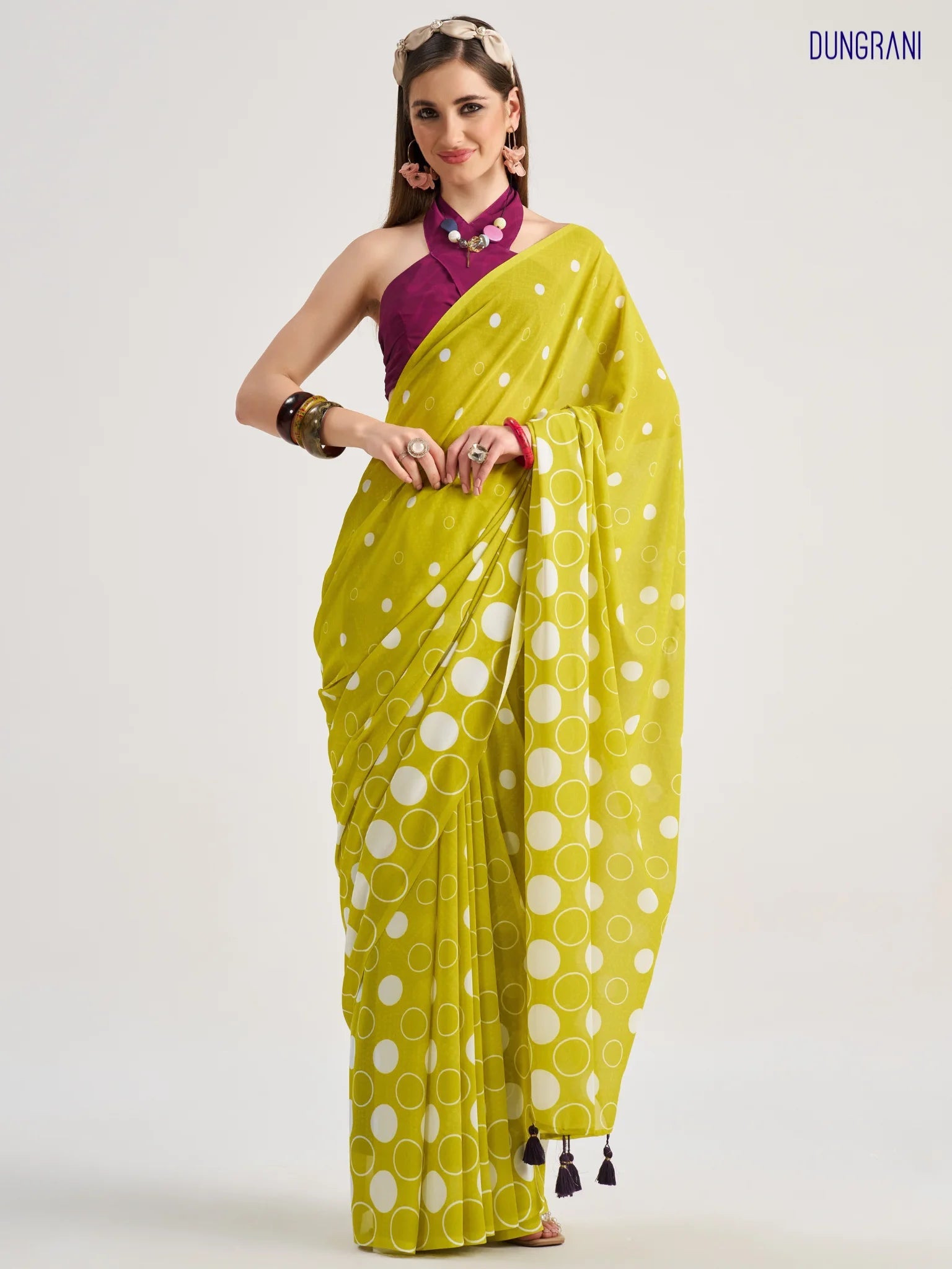 LEMON YELLOW GEORGETTE POLKA POPS DIGITAL PRINTED SAREE