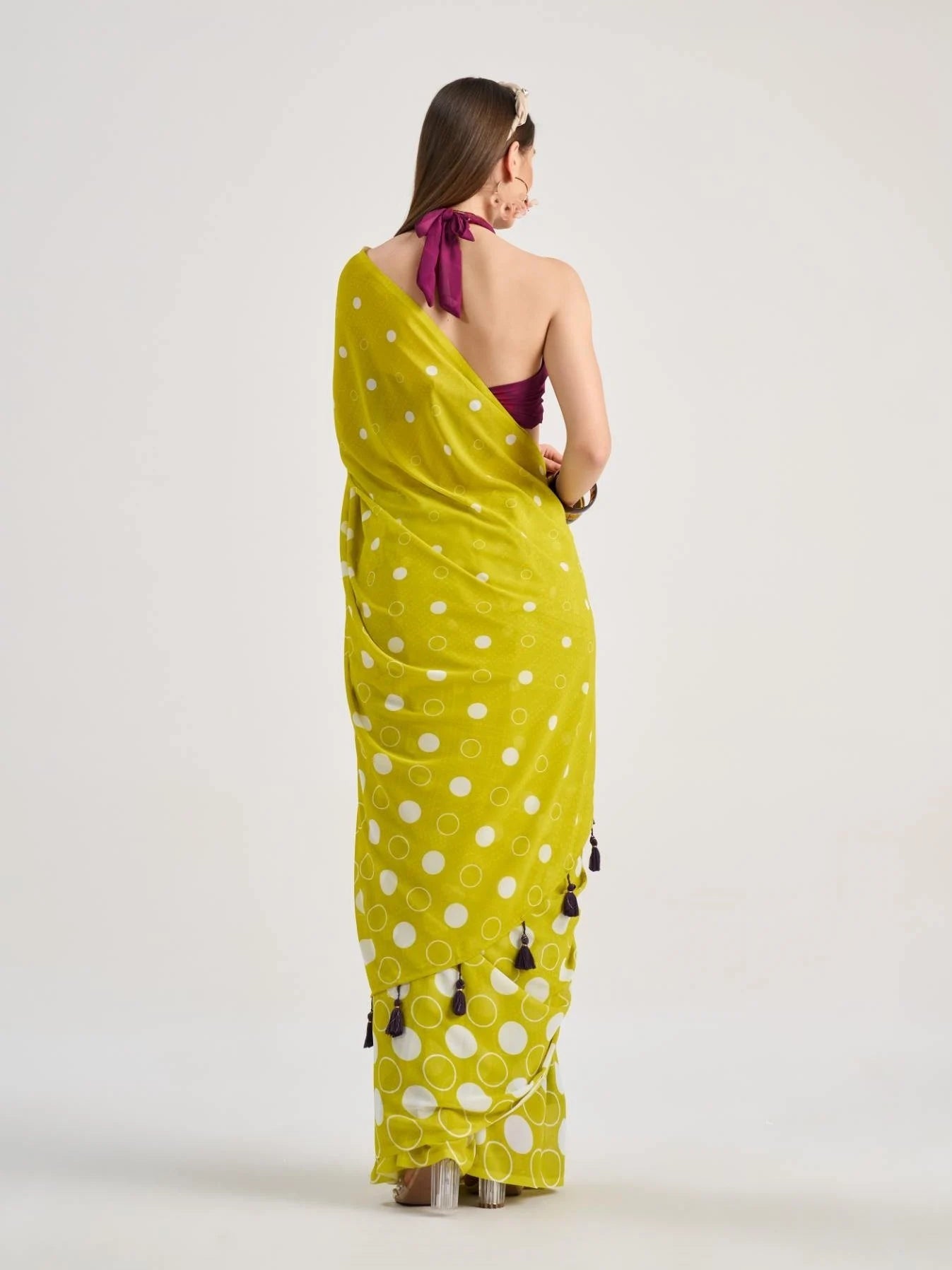 LEMON YELLOW GEORGETTE POLKA POPS DIGITAL PRINTED SAREE