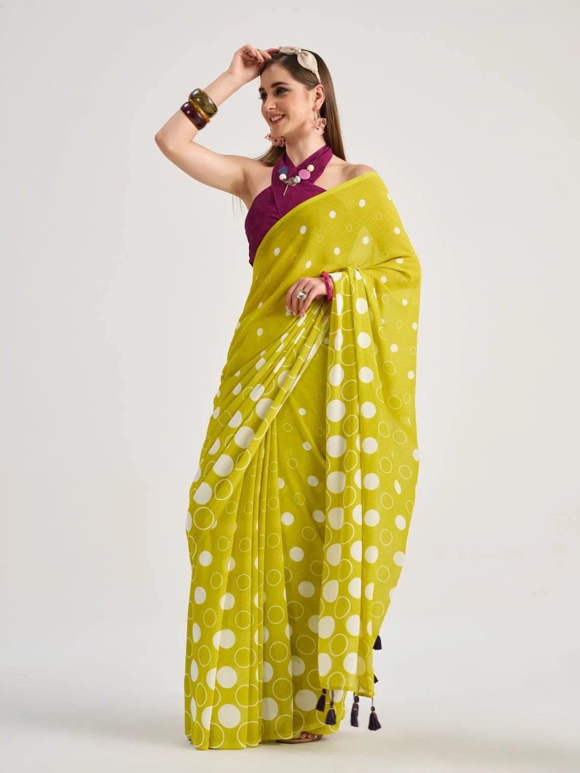 LEMON YELLOW GEORGETTE POLKA POPS DIGITAL PRINTED SAREE