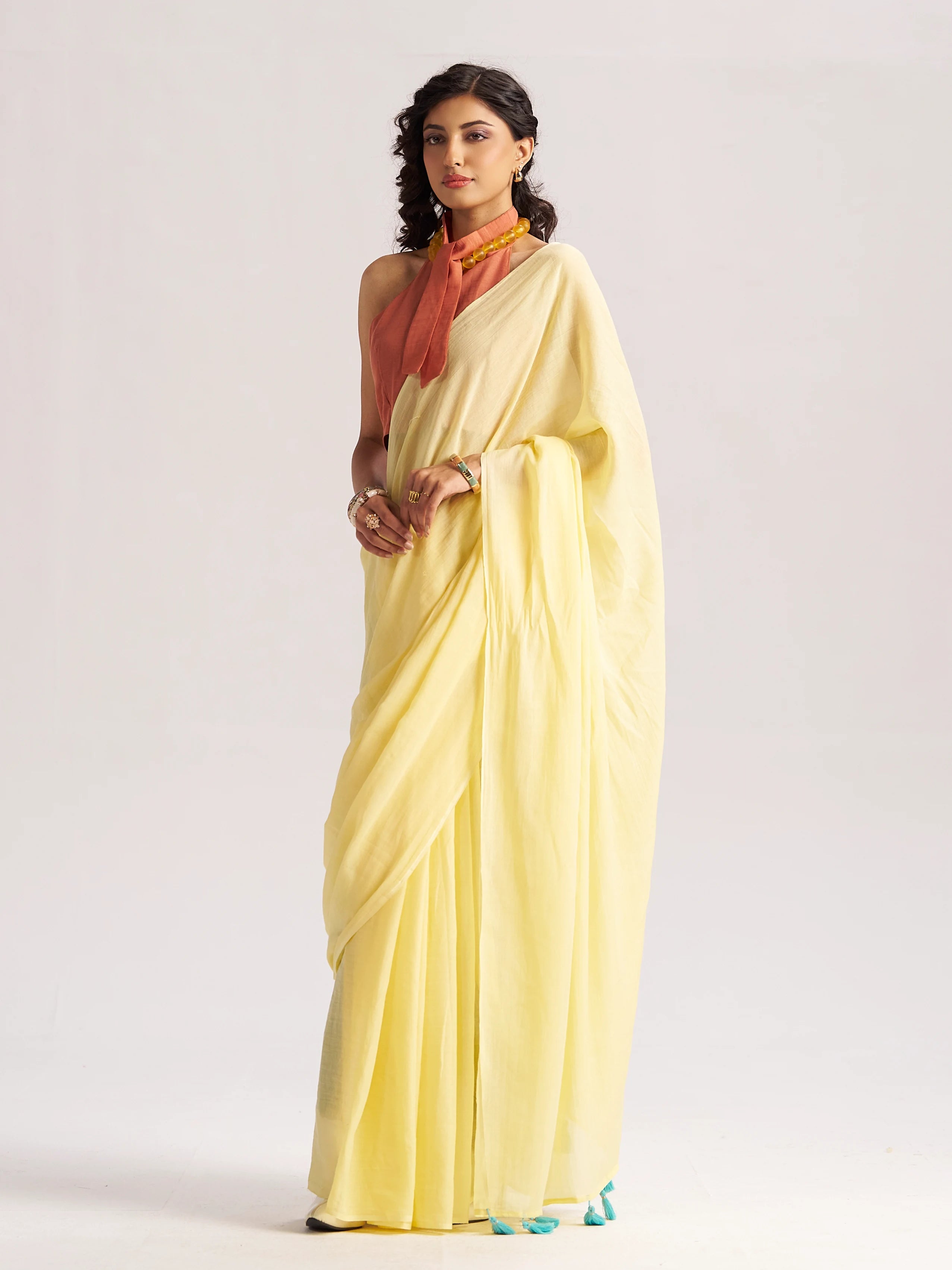 LEMON YELLOW VISCOSE MUL LIVA SOLID SAREE