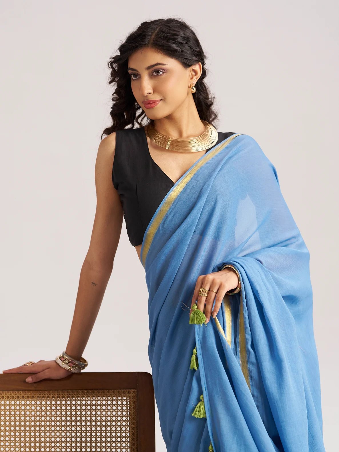 LIGHT BLUE VISCOSE MUL LIVA SOLID SAREE